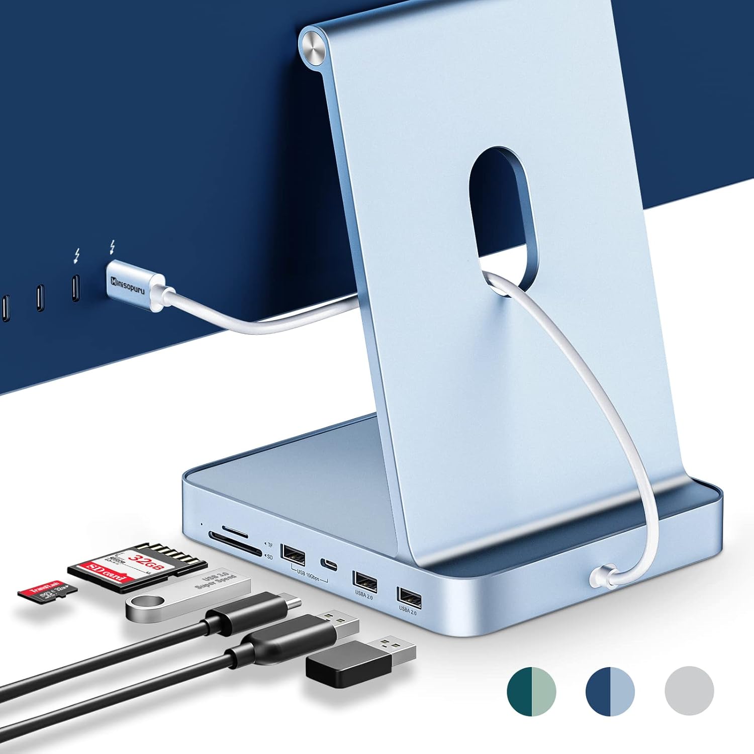 USB C Hub for iMac 24 inch 2021/2023/2024, Minisopuru iMac Hub Support M.2 NVMe SSD, iMac Accessories for iMac M1/M3/M4, iMac Adapter with USB A/C 10Gbps, SD/TF, M.2 SSD (Not Included), Blue.
