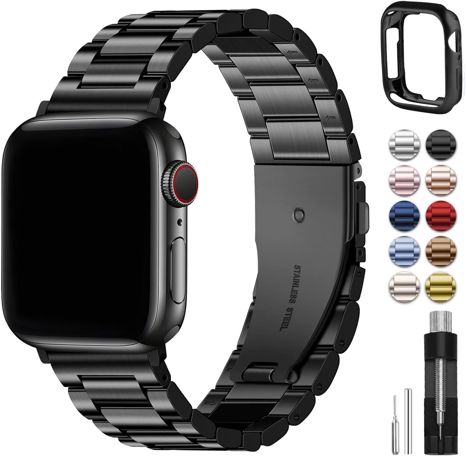 Fullmosa Compatible Apple Watch Bands 45mm 44mm 42mm 46mm 49mm 41mm 40mm 38mm, Metal iWatch Band with Case for Apple Watch Series 9 8 7 6 5 4 3 2 1 SE 10 Ultra, 42mm 44mm 45mm Black