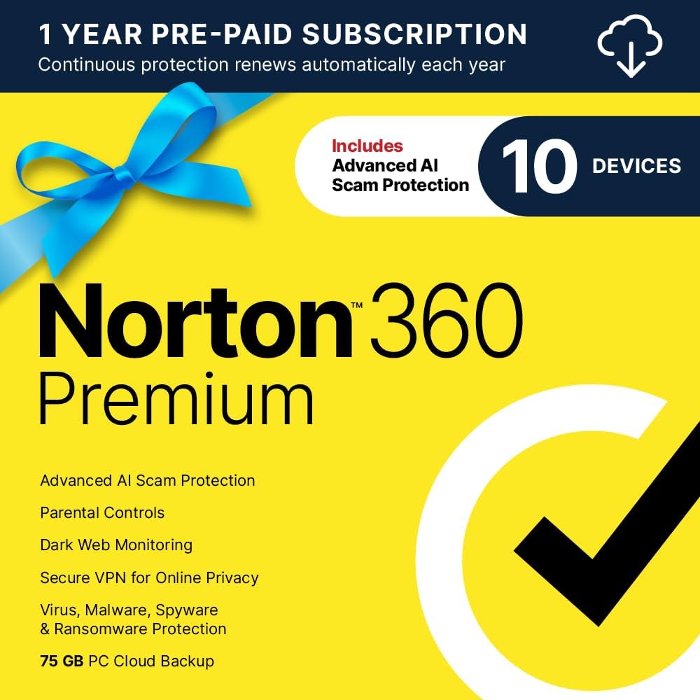 Norton 360 Premium 2025, Antivirus software for 10 Devices with Auto-Renewal – Includes Advanced AI Scam Protection, VPN, Dark Web Monitoring & PC Cloud Backup [Download]