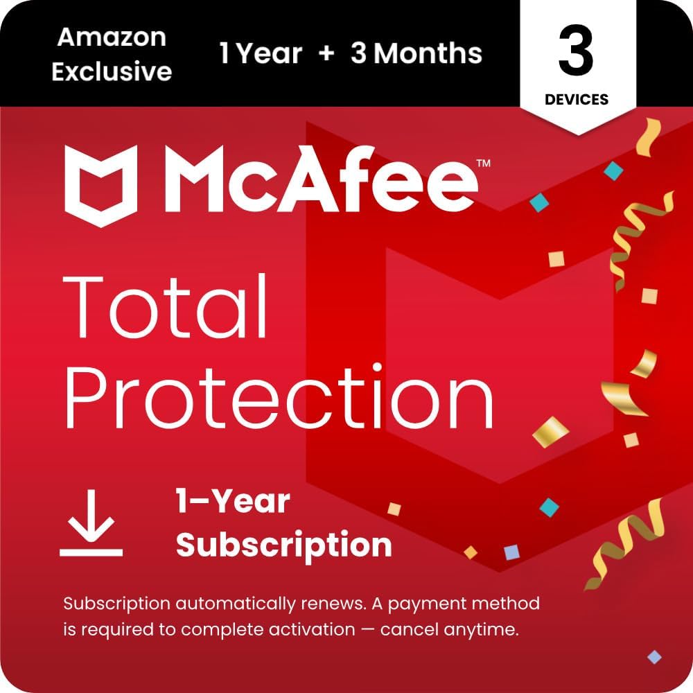 McAfee Total Protection 3-Device 2025 |15 Month Subscription with Auto-Renewal |Security Software Includes Antivirus, Secure VPN, Scam Protection, Identity Monitoring | Download