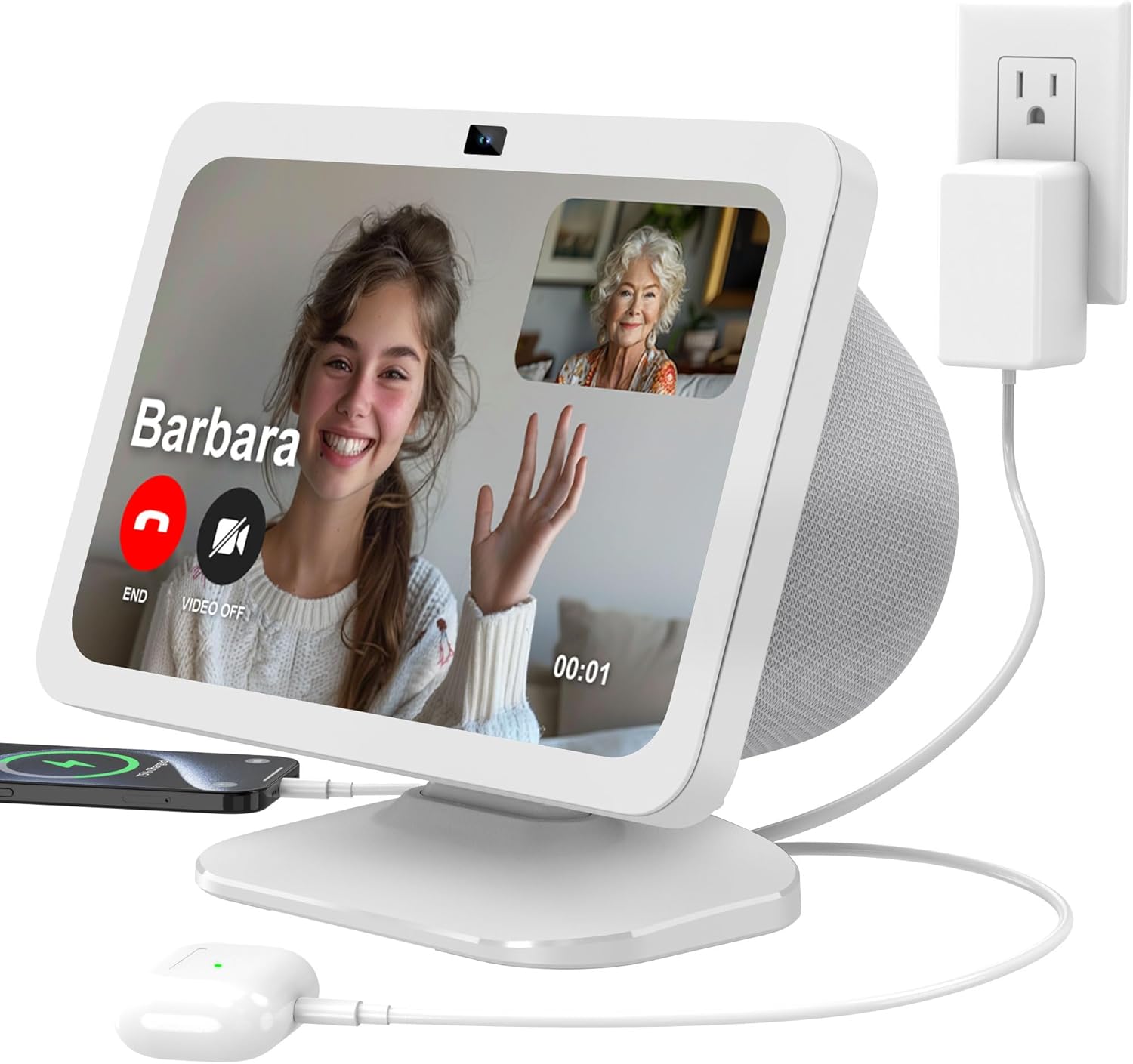 PlusAcc Stand for Show 8 (3rd Gen) – Adjustable Tilt Table Holder with 2 Charging Ports (USB-C & USB-A), Magnetic Station Accessories for Charge Cellphones and Earbuds, Non-Slip Base (White)