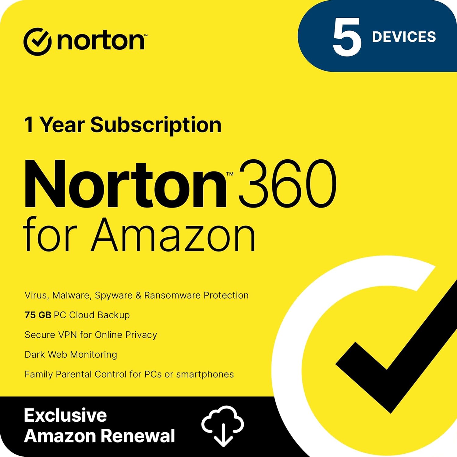 Norton 360 for Amazon, Antivirus software for up to 5 Devices, Includes VPN, Dark Web Monitoring, and PC Cloud Backup, Activation Required [Subscription]