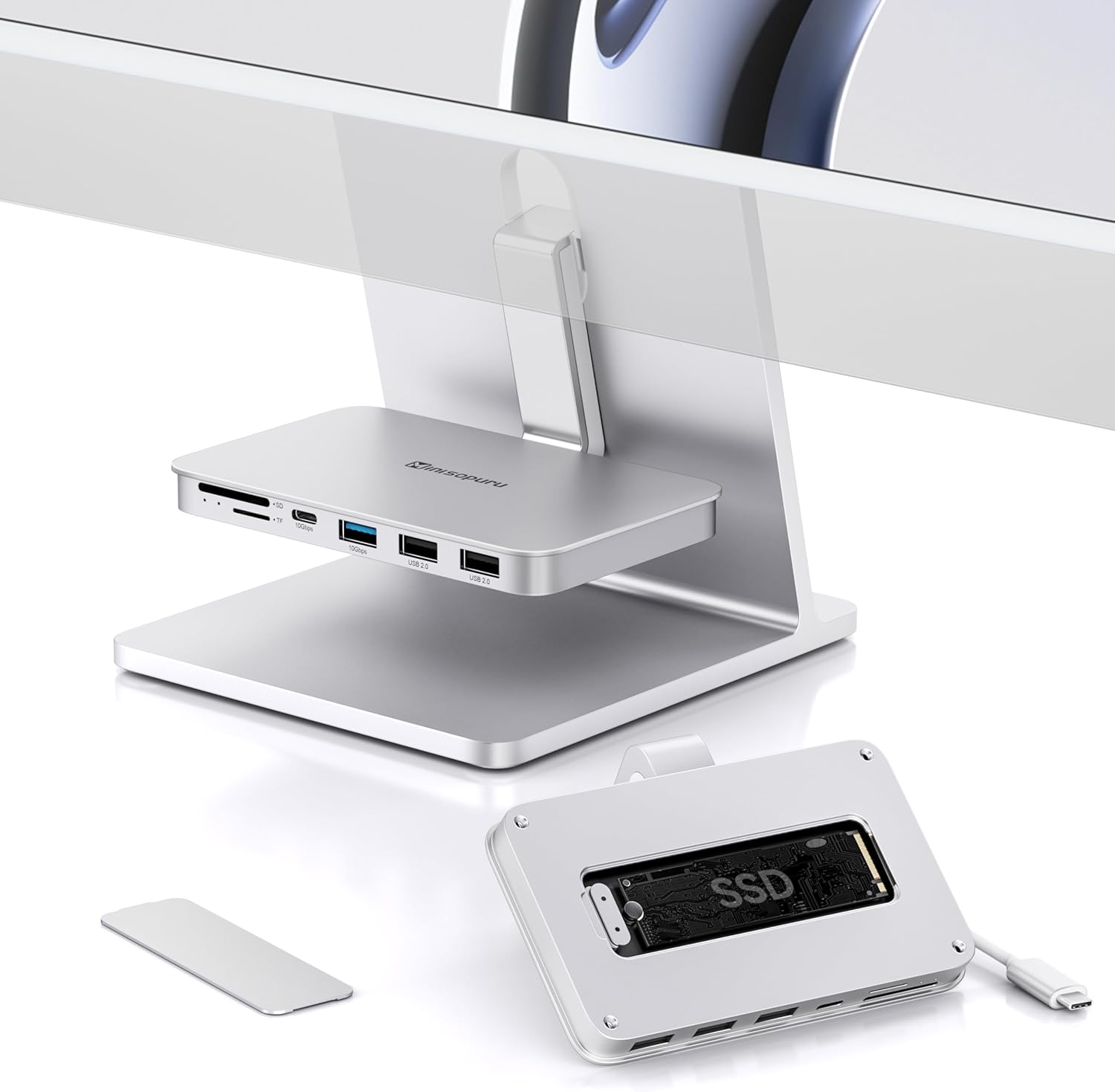 Minisopuru iMac Hub – Compatible with iMac 24 inch M1/M3/M4 and Studio Display 27 inch, Accessories Support Max 10Gbps M.2 SSD (SSD Not Included), USB A/C 10Gbps, SD/TF, Silver.