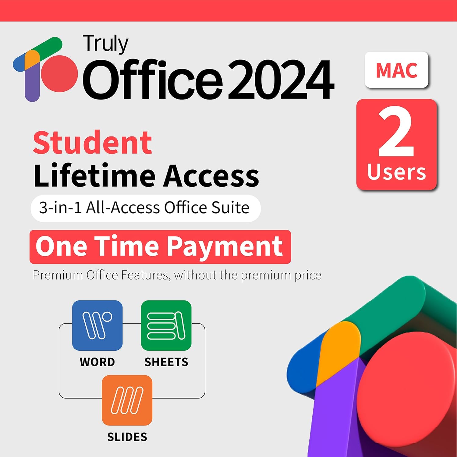 TrulyOffice 2024 Student Lifetime License for Mac | 3 in 1 All Access TrulyOffice Suite | Words, Sheets, Slides | 2 Users | Physical Activation Card