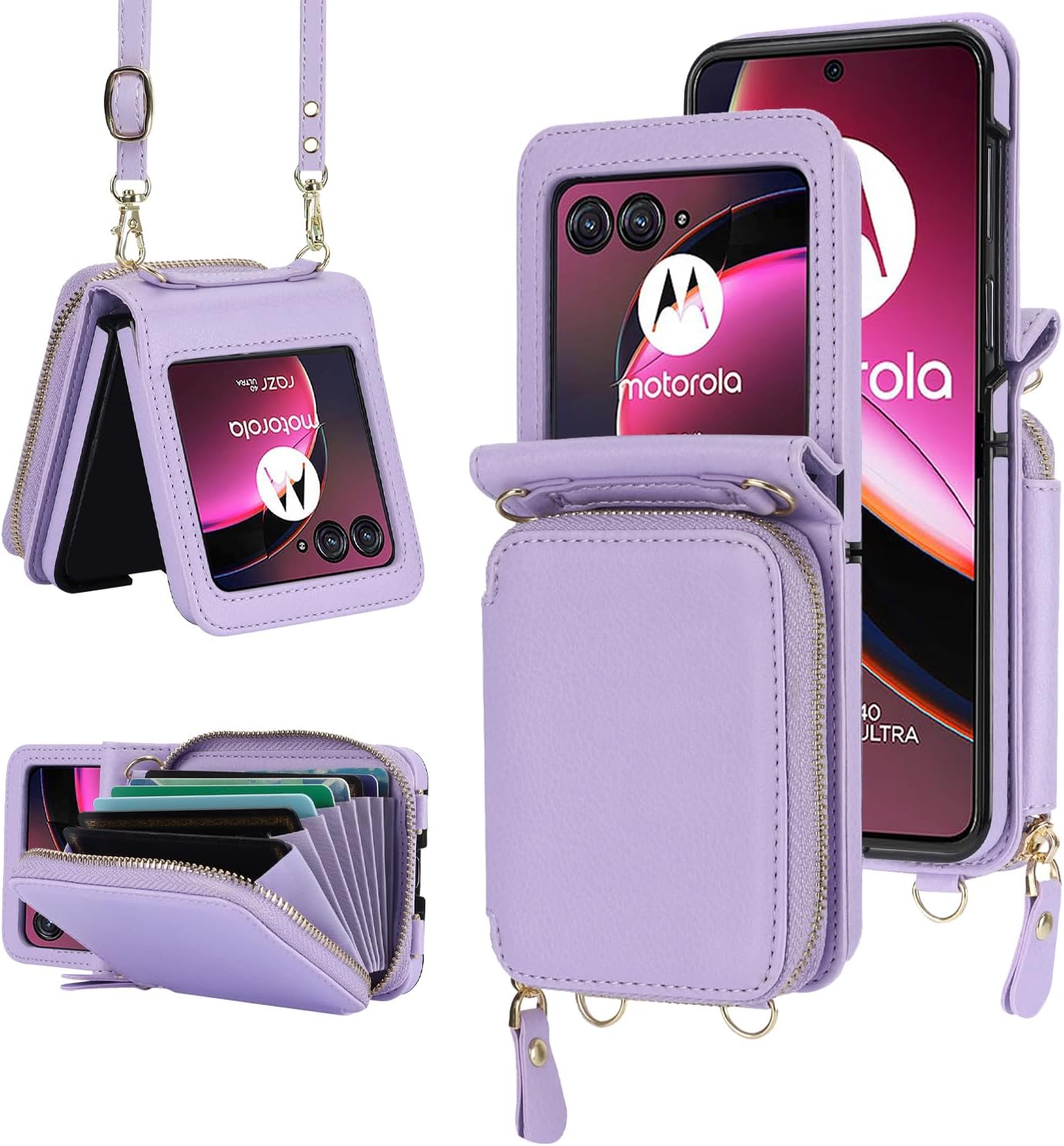 Asuwish Wallet Case for Motorola Razr 40 Ultra/Moto Razr Plus 2023 – Purple with Credit Card Holder, Zipper, Crossbody Strap, Lanyard, RFID Blocking