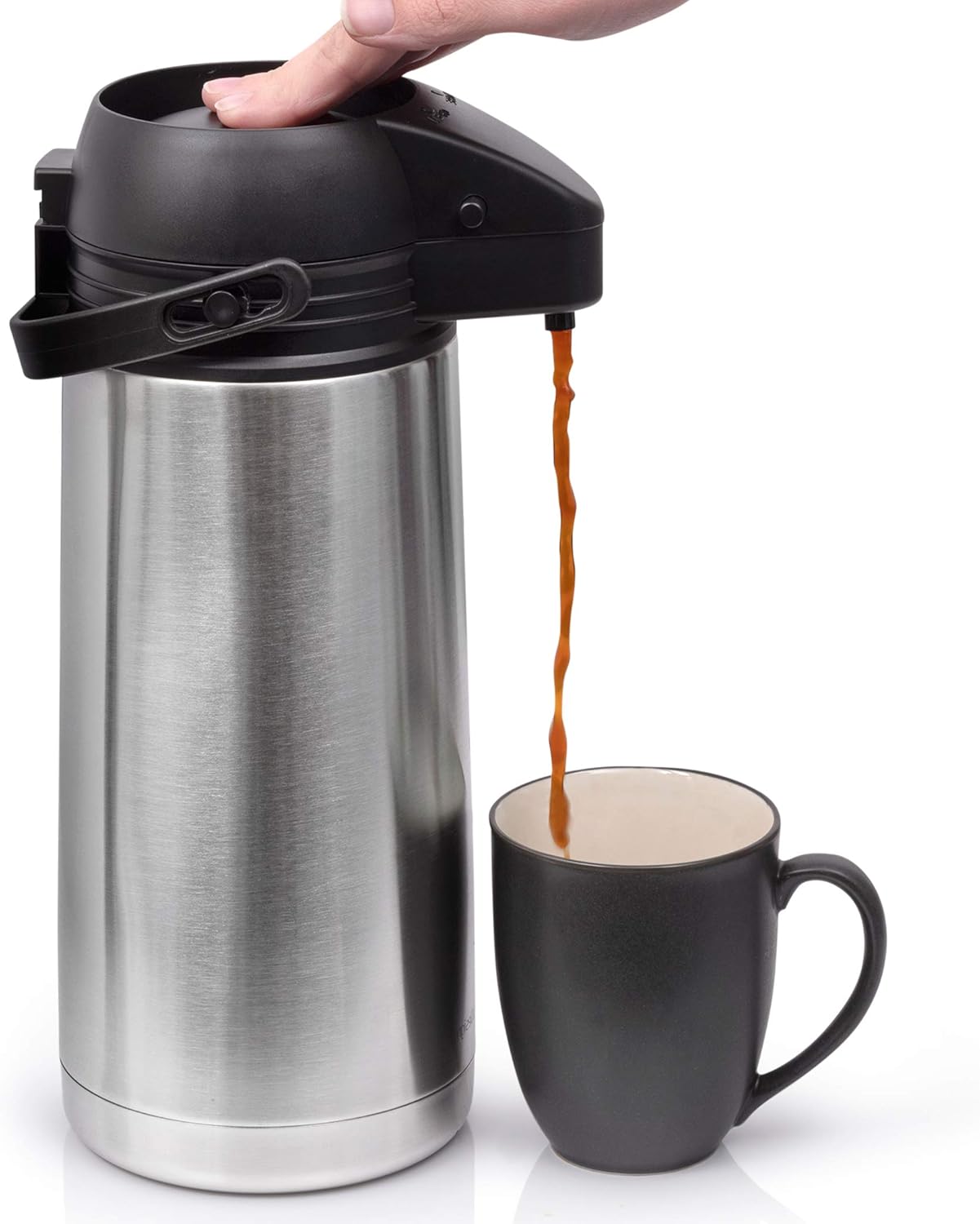 64 Oz (1.9 Liter) Airpot Coffee Dispenser with Easy Push Button | BPA-Free Stainless Steel Carafe | Double-Wall Vacuum Insulated Thermos | Effectively Keeps Beverages Hot or Cold