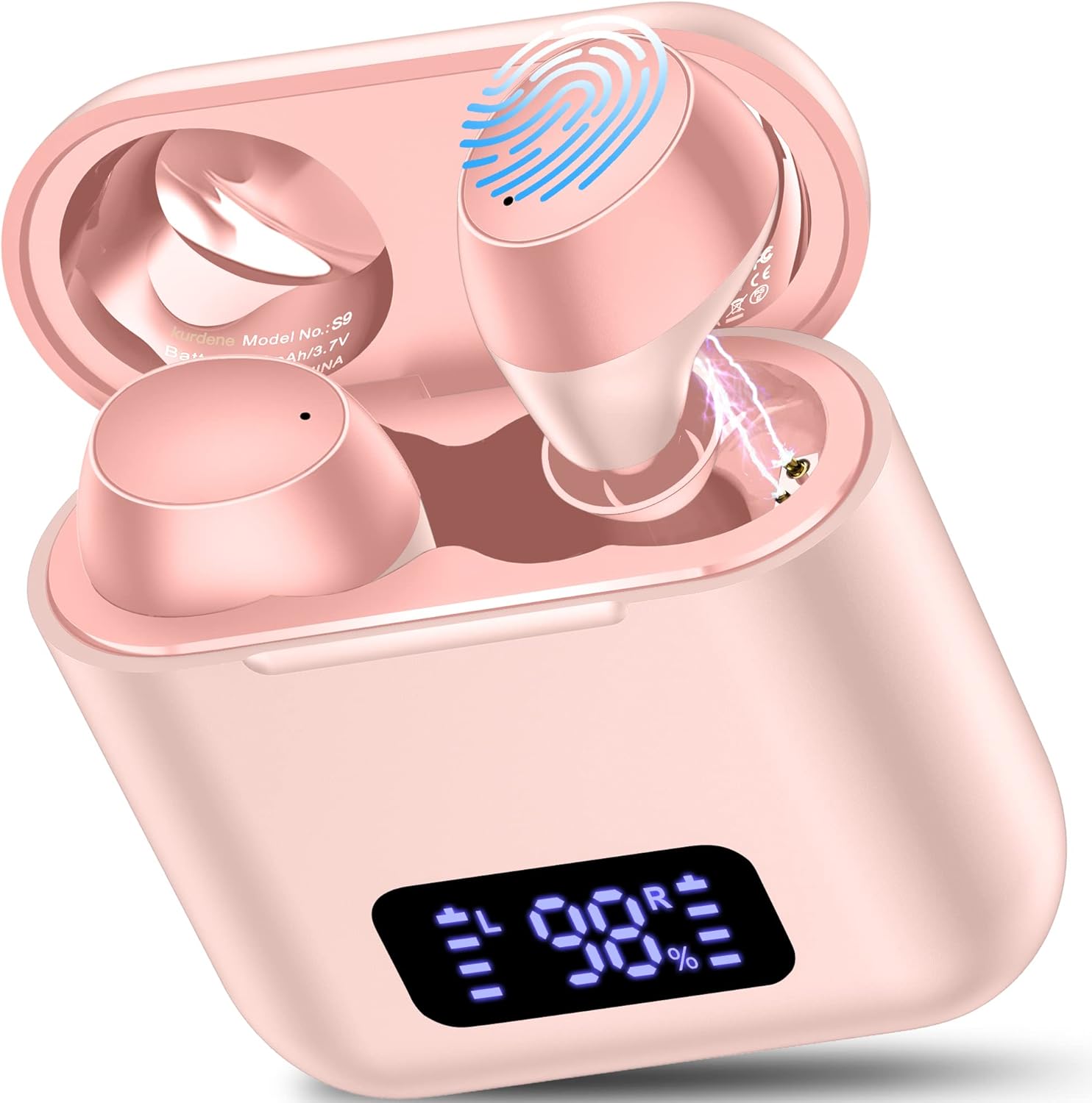 kurdene Wireless Earbuds with Wireless Charging Case,LED Power Display,Deep Bass Ear Bud,IPX7 Waterproof Bluetooth Headphones with Mics Call Noise Cancelling for Work,Sports-Pink