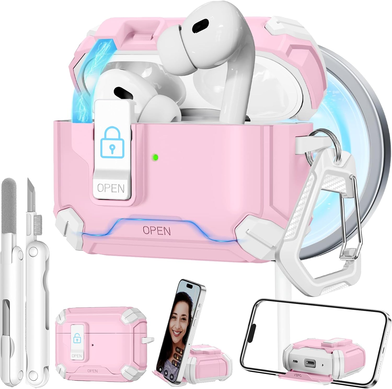 for AirPods Pro 2 Case with Secure Lock & Phone Stand, Compatible with MagSafe, Pink Cover for Apple AirPods Pro 2nd/1st Generation, Shock Protective Airpod Cases with Cleaner, Keychain, Auto-Open