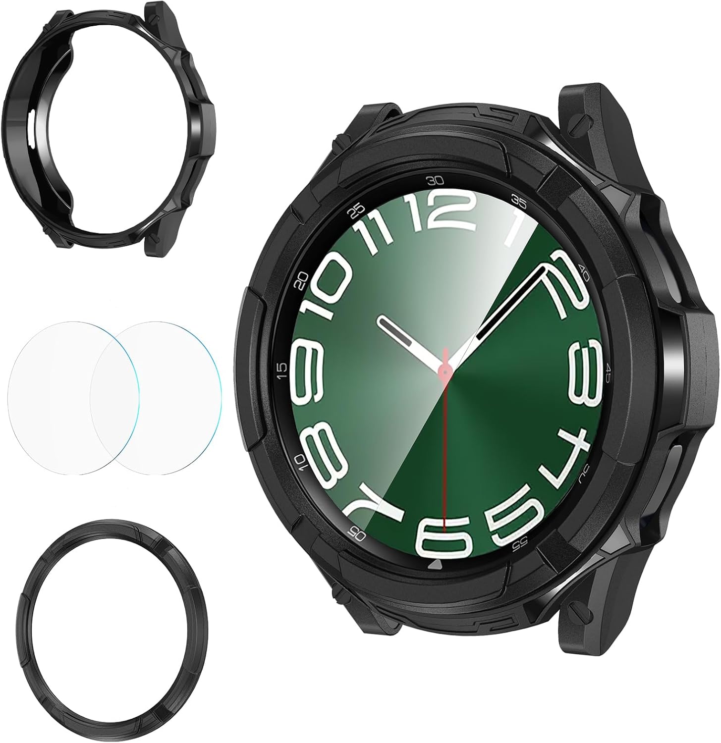 Goton 3 in 1 Accessories for Samsung Galaxy Watch 6 Classic Screen Protector 47mm Case, Rugged TPU Bumper +2 Tempered Glass Screen Protector + Bezel Ring Cover for Galaxy Watch6 Classic 47 mm Black