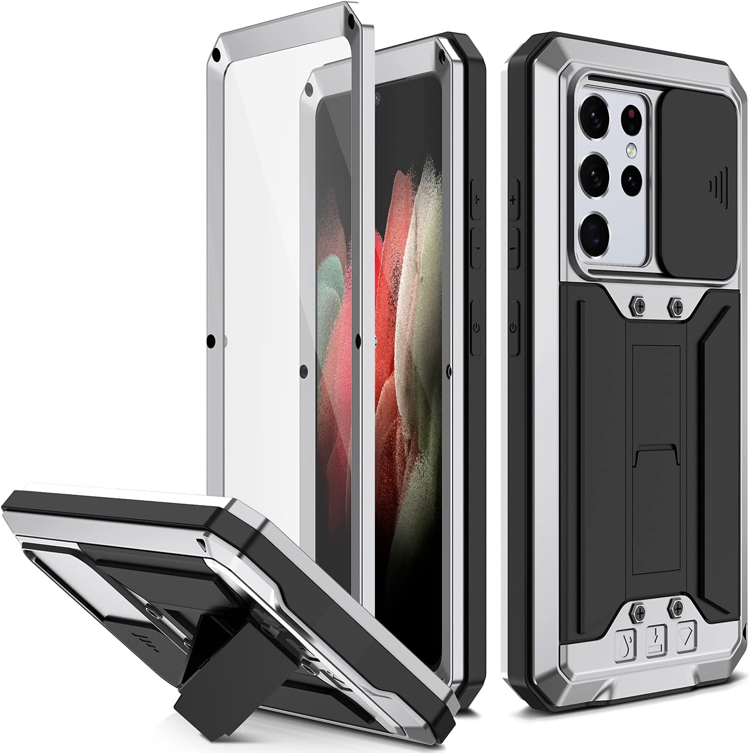 Compatible for Samsung Galaxy S21 Ultra Case, Aluminum Metal Gorilla Glass Shockproof Military Heavy Duty Sturdy Protector Cover Hard Case Silver