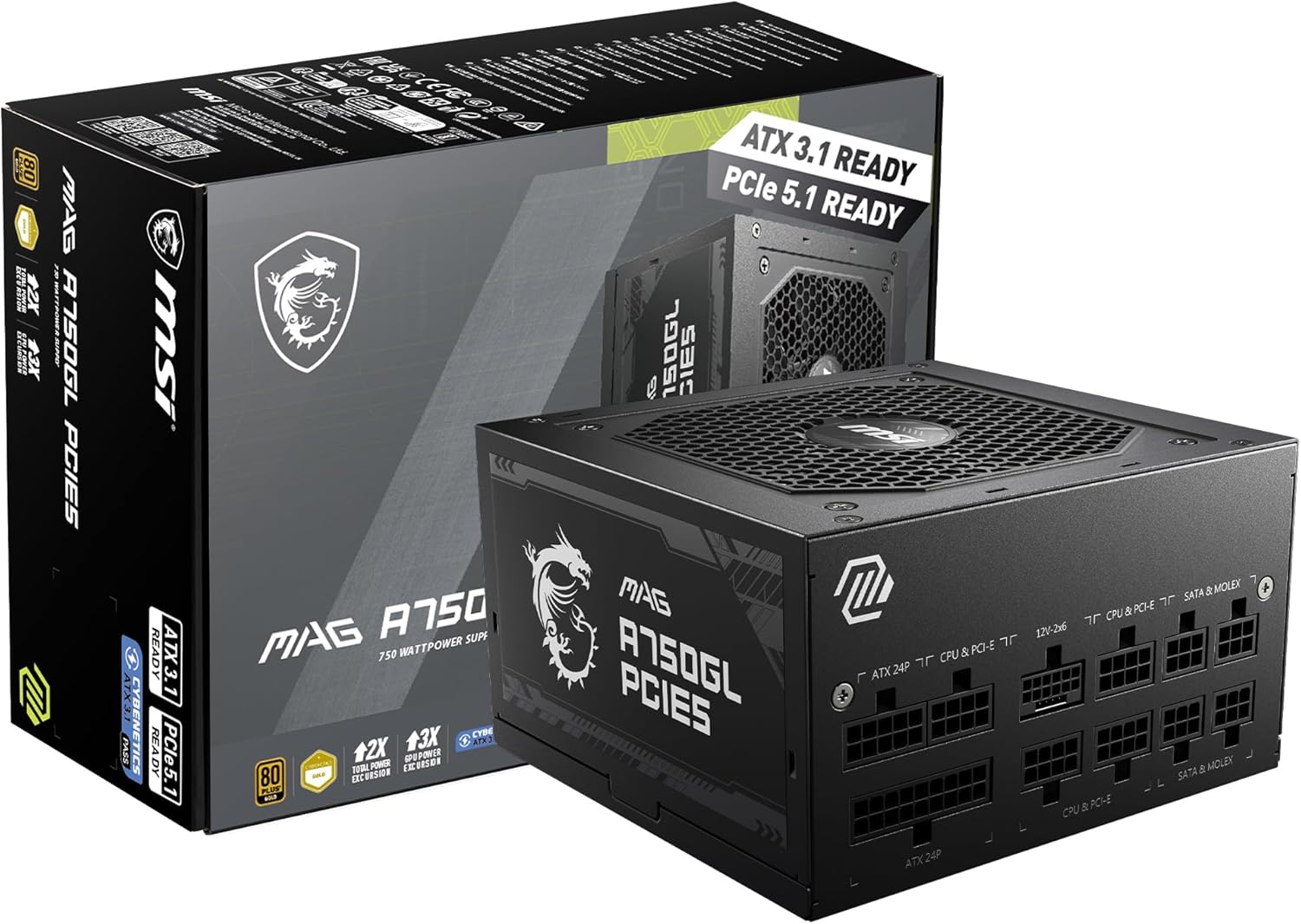 MSI MAG A750GL PCIE 5.1 & ATX 3.1 Gaming Power Supply – Full Modular – 80 Plus Gold Certified 750W – Compact Size – ATX PSU – 10 Year Warranty