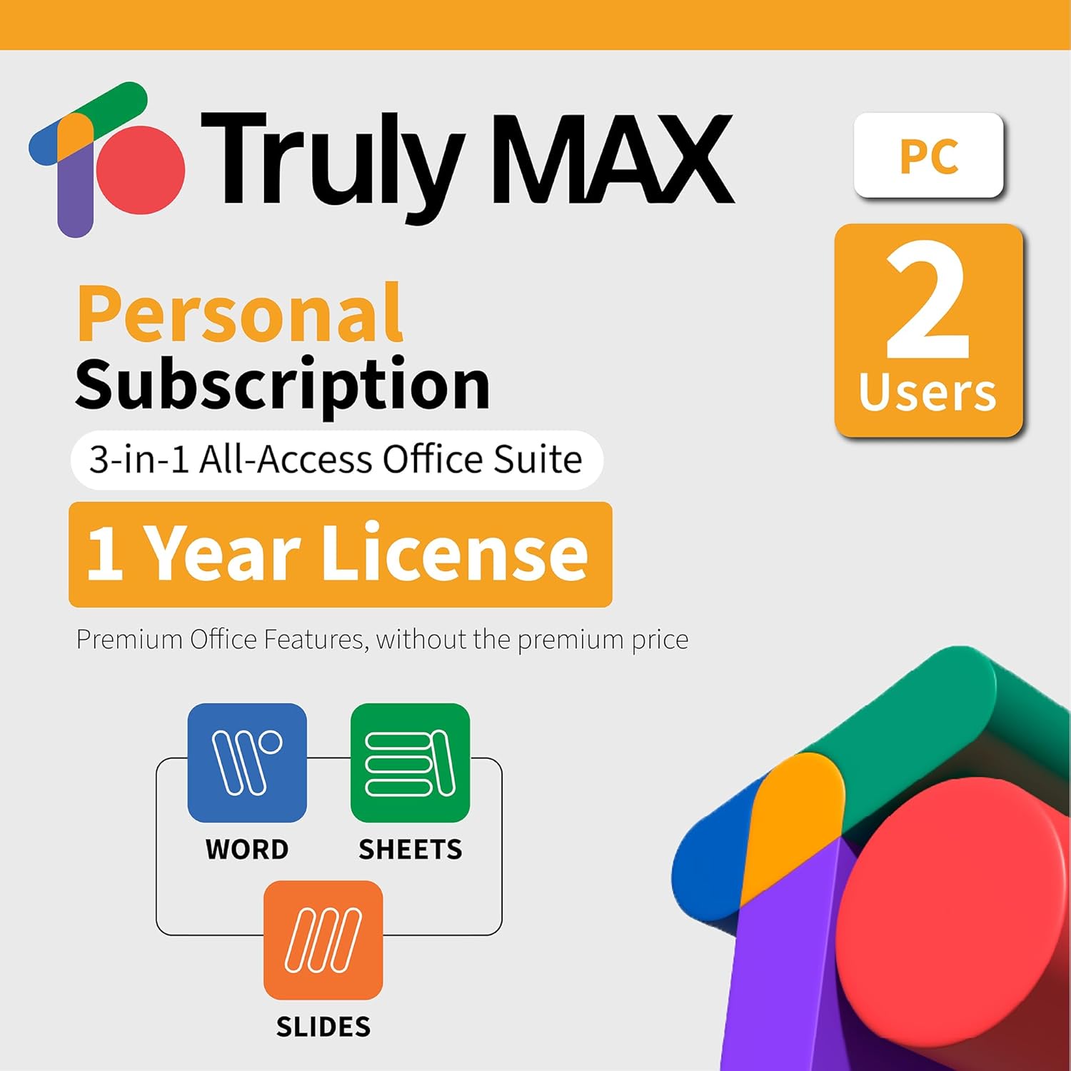 TrulyOffice Truly Max Personal License for Windows | 1-year Subscription | 3 in 1 All Access Office Suite | Words, Sheets, Slides | 2 Users