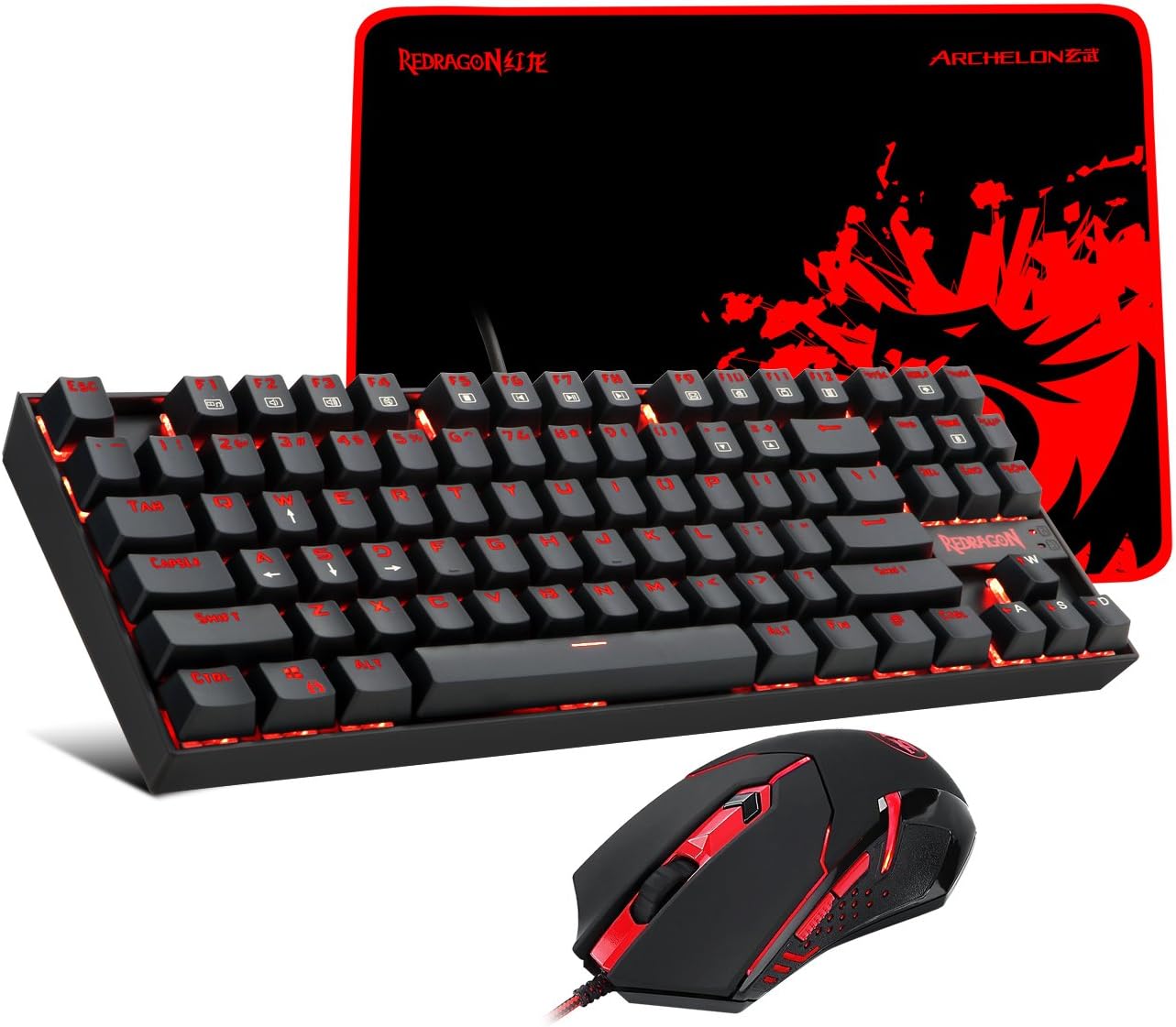 Redragon – K552-BA Mechanical Gaming Keyboard and Mouse Combo and Large Mouse Pad – 87 Key LED Backlit Adjustable Brightness and Breathing Effects – 100% Anti-Ghosting (Keyboard, Mouse, Mousepad Set)