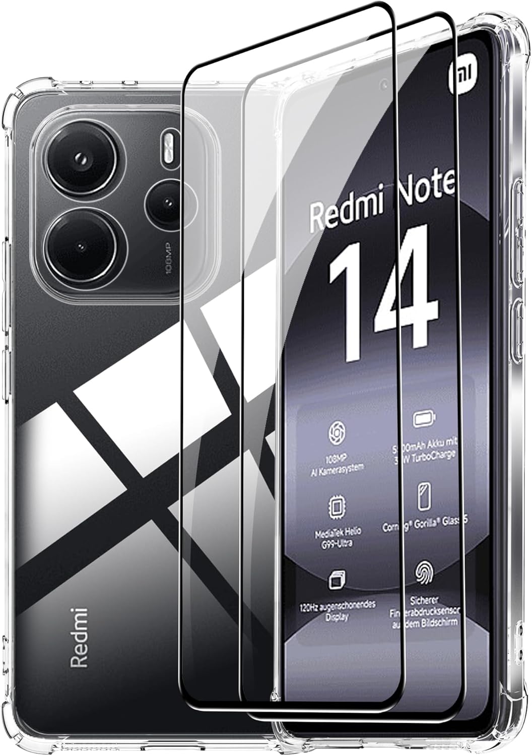 for Xiaomi Redmi Note 14 4G Case with Screen Protector (2-Pack) 6.67 inches [Black Edge Full Cover Tempered Glass], Four-Corner airbag Transparent TPU Flexible Case(Not for 5G)