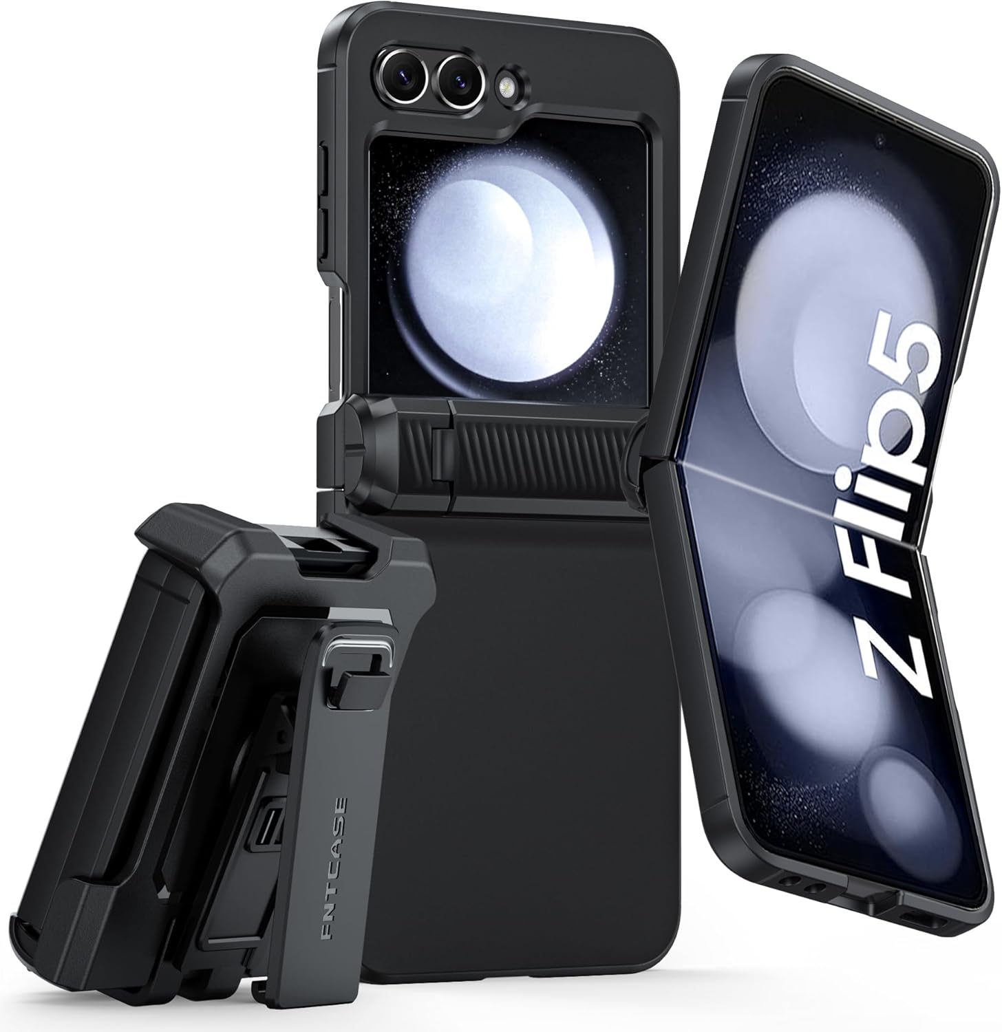 FNTCASE for Samsung Galaxy Z-Flip-5 Case: Rugged Shockproof Samsung Flip 5 Case with Kickstand & Belt Clip, Slim Full Body Drop Protective Hard Phone Cover for Samsung Z Flip 5 5G(2023) (Black)