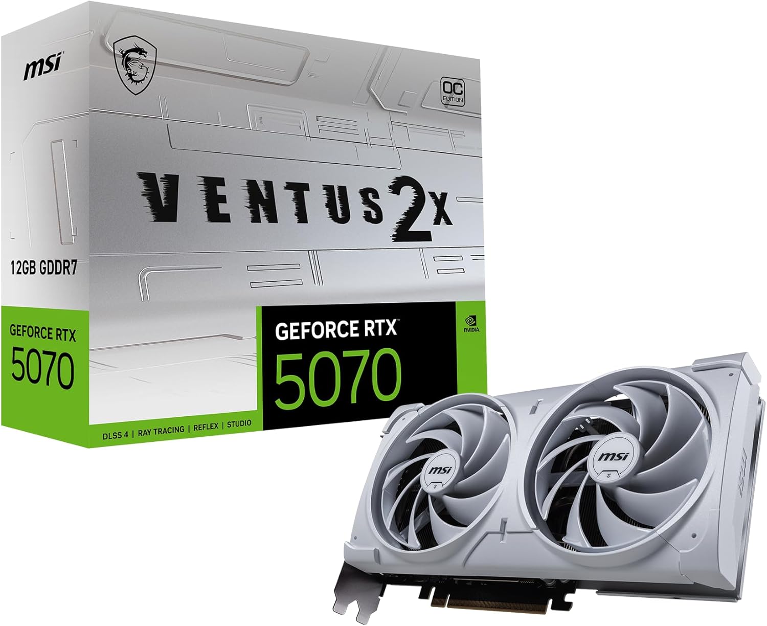 MSI Gaming RTX 5070 12G Ventus 2X OC White Graphics Card (12GB GDDR7, 192-bit, Extreme Performance: 2557 MHz, DisplayPort x3 2.1a, HDMI 2.1b, NVIDIA Blackwell Architecture)