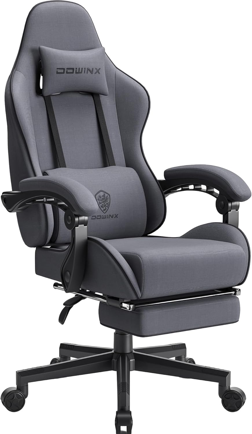 Dowinx Gaming Chair Fabric with Pocket Spring Cushion, Massage Game Chair Cloth with Headrest, Ergonomic Computer Chair with Footrest 290LBS, Grey