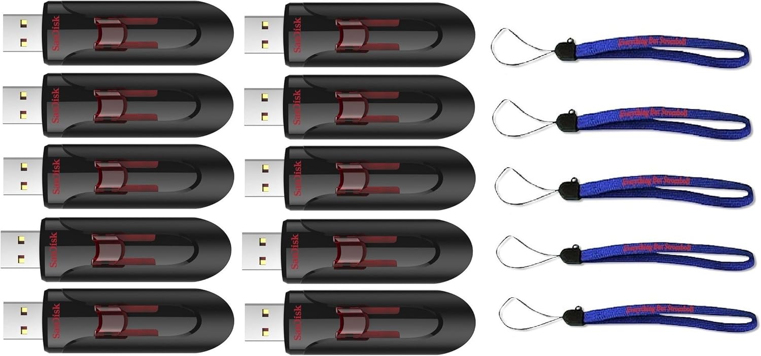 SanDisk Cruzer Glide 3.0 USB Flash Drive (10 Pack) Jump Drive Works with Laptop Computers with USB 2.0/3.0 Port (SDCZ600-G35) Bundle with (5) Everything But Stromboli Lanyard (32GB 10 Pack)