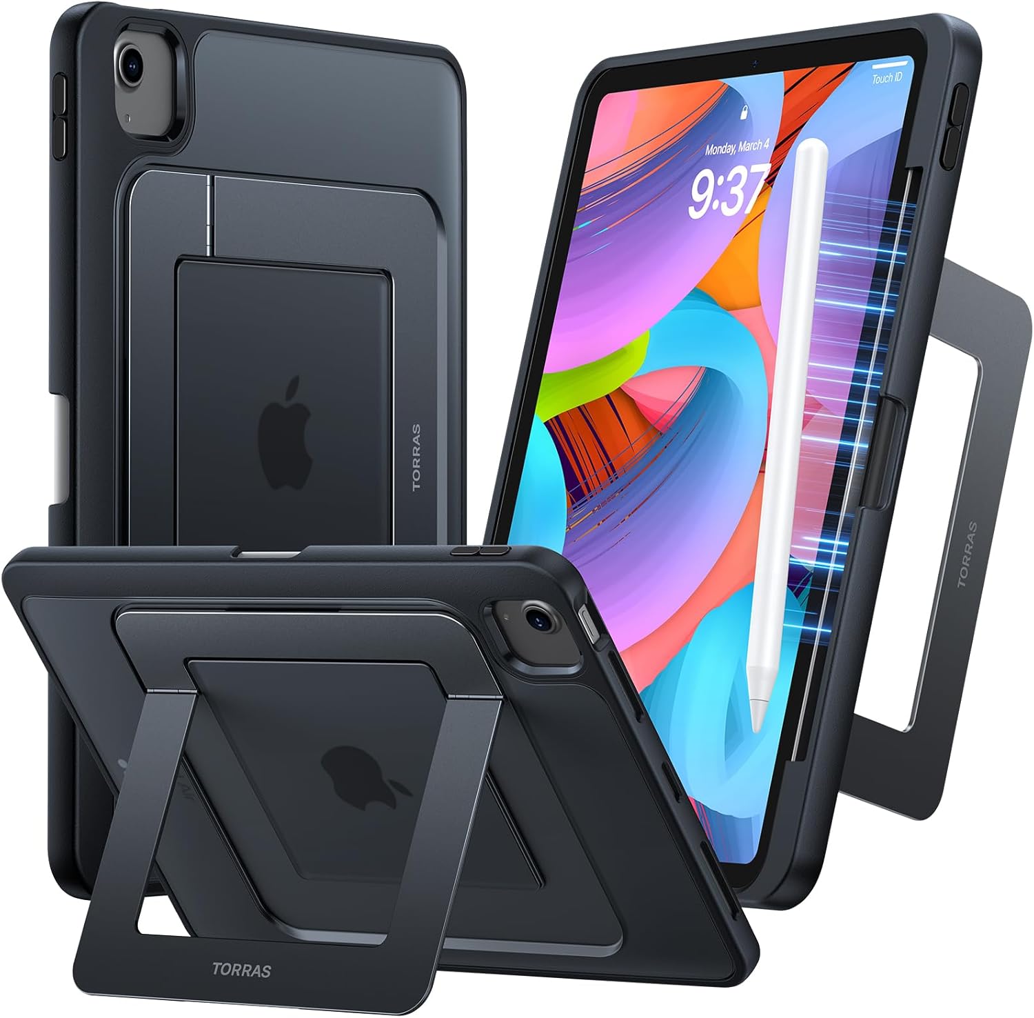 TORRAS for iPad Air 11 inch Case (M3 2025/ M2 2024) & iPad Air 5th/ 4th Generation Case, Ultra Stable Stand, Multiple Adjustable Viewing Angles, Protective Kickstand Cover with Pencil Holder, Black