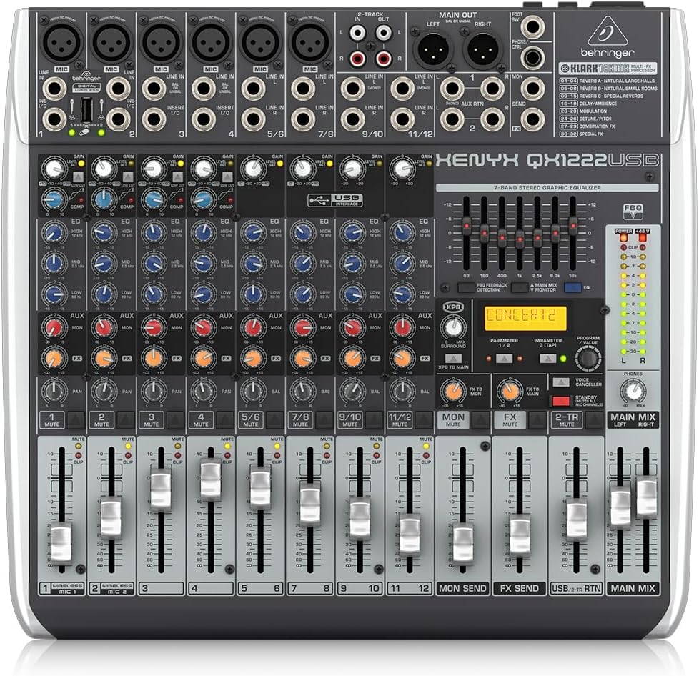 Behringer Xenyx QX1222USB Premium 16-Input 2/2-Bus Mixer with Xenyx Mic Preamps and Compressors, KLARK TEKNIK Multi-FX Processor, Wireless Option