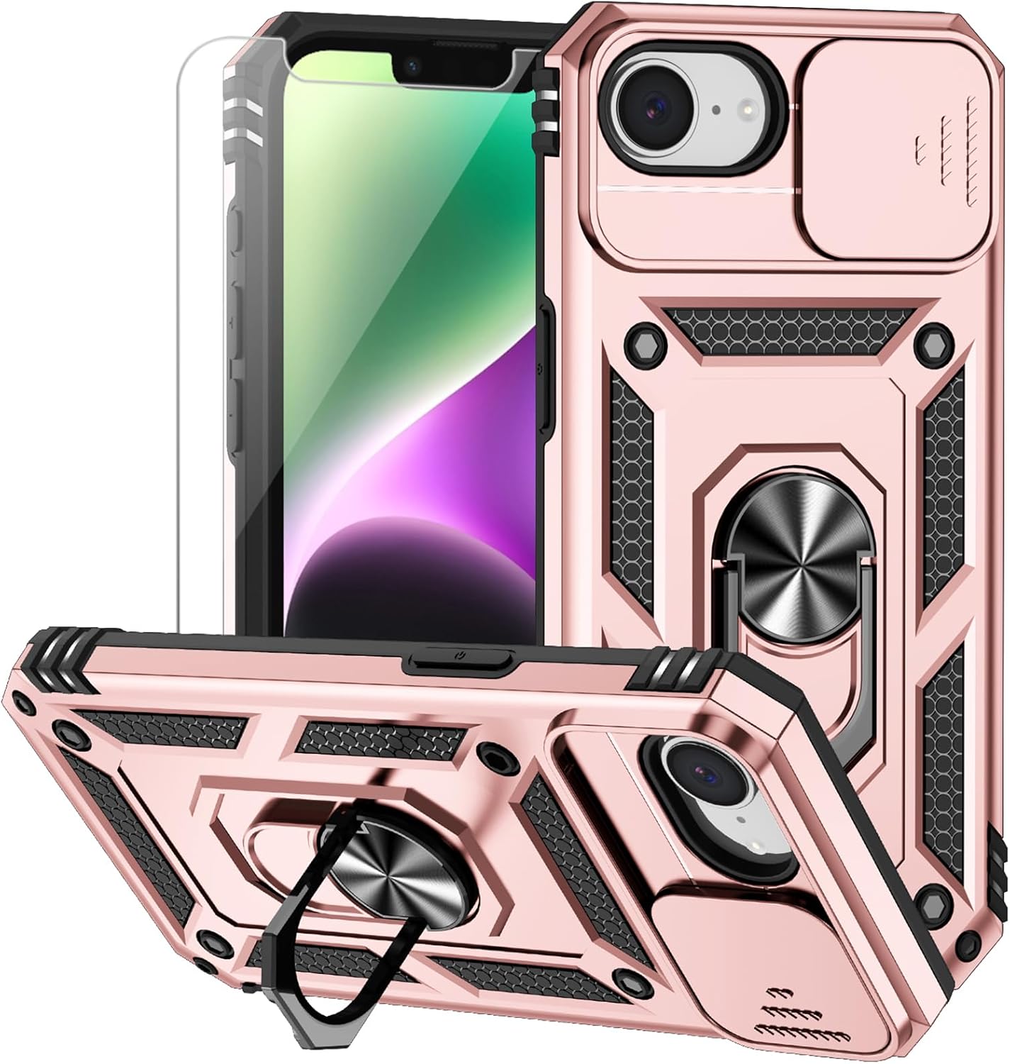 for iPhone 16E Case, with Camera Lens Cover HD Screen Protector, Dual Layer Military-Grade Drop Tested Magnetic Ring Holder Kickstand Protective Phone Case for Apple iPhone 16E / SE4 2025 (Rose Gold)