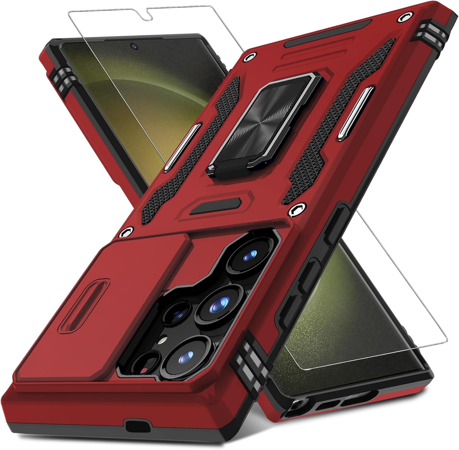 DEERLAMN Case for Samsung Galaxy S24 Ultra with Slide Camera Cover+Screen Protector (1 Pack), Rotated Ring Kickstand Military Grade Shockproof Protective Cover-Red