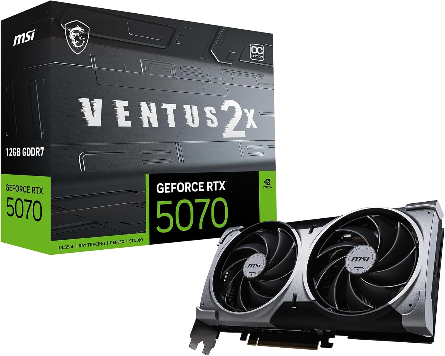 MSI Gaming RTX 5070 12G Ventus 2X OC Graphics Card (12GB GDDR7, 192-bit, Extreme Performance: 2557 MHz, DisplayPort x3 2.1a, HDMI 2.1b, NVIDIA Blackwell Architecture)
