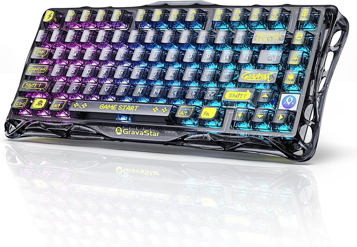 GravaStar Mercury K1 Lite 75% Gaming Keyboard, Gasket Hot Swappable Mechanical Keyboard, Pre-lubed Linear Switches, RGB Backlit – Transparent Black