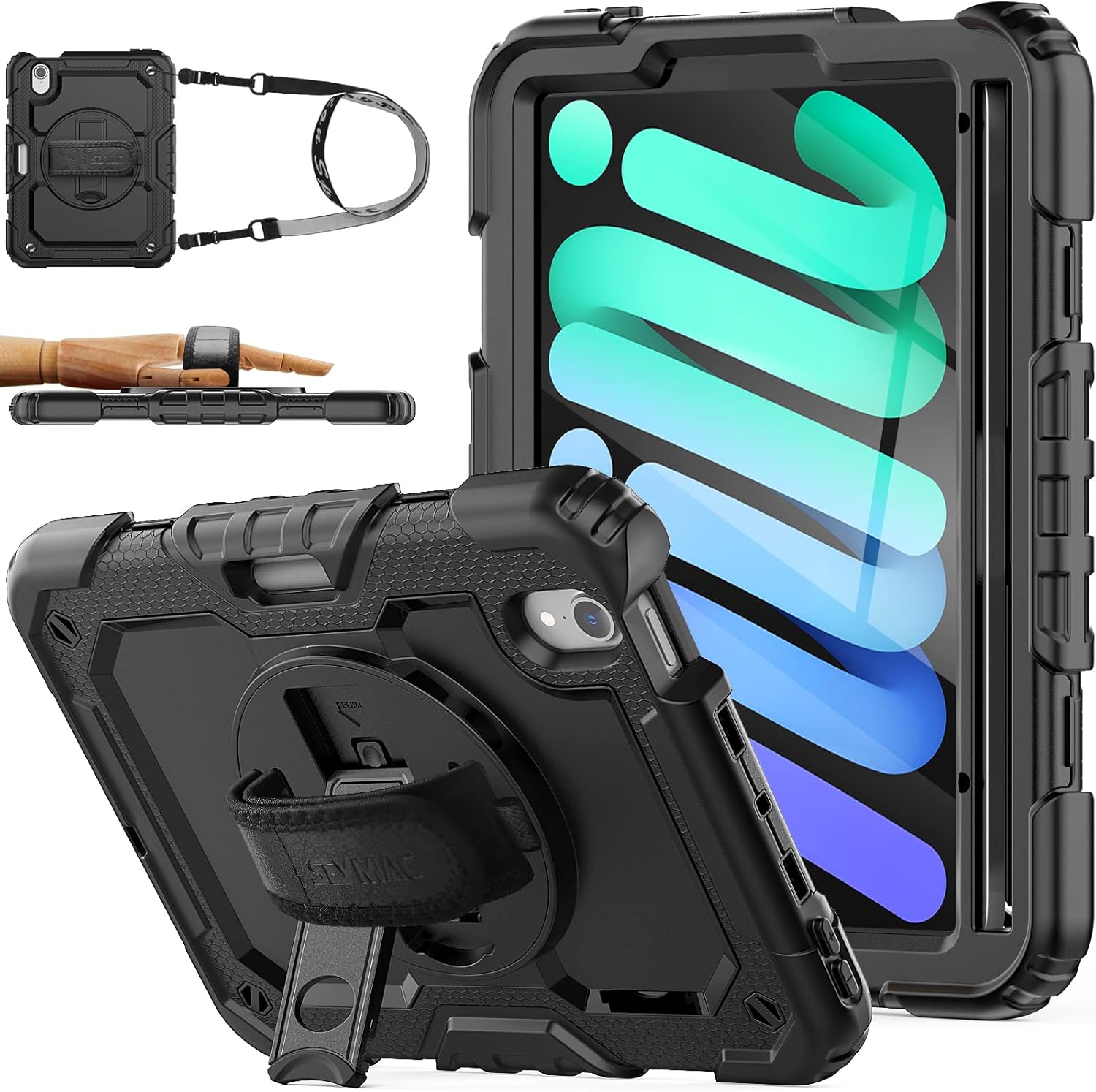 SEYMAC stock Case for iPad Mini 7 (A17 Pro) 2024/ Mini 6 8.3” with Screen Protector Pencil Holder [360 Rotating Hand Strap] &Stand, Drop-Proof Case for iPad Mini 7th/6th Generation 8.3″, Black