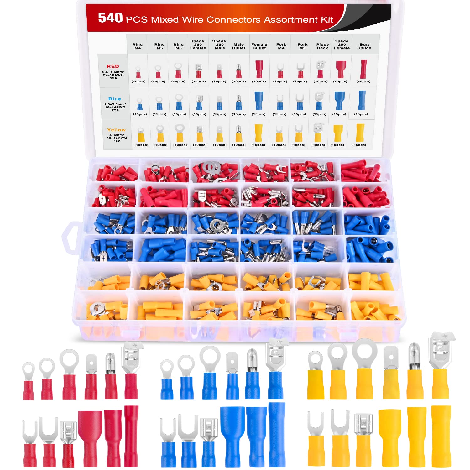 Nilight 540PCS Mixed Quick Disconnect Electrical Insulated Butt Bullet Spade Fork Ring Solderless Crimp Terminals Wire Connectors Assortment Kit