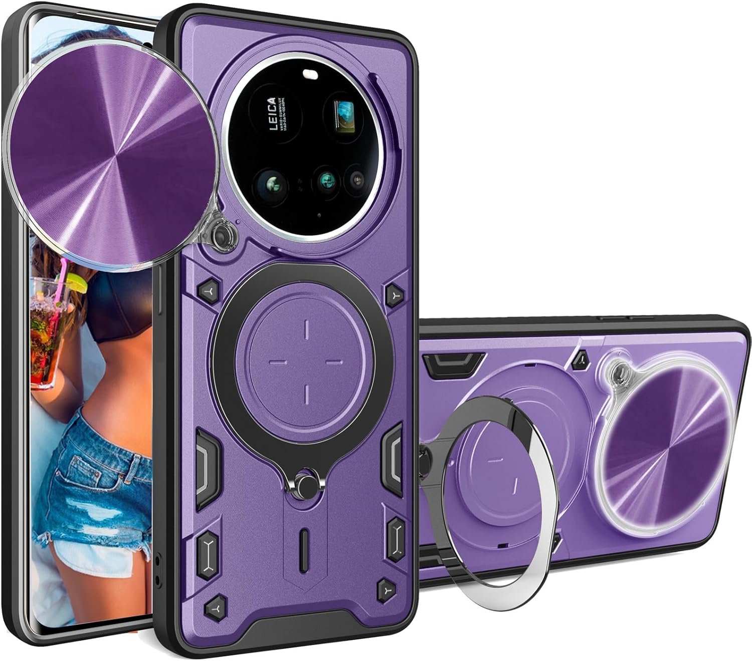 for Xiaomi 15 Ultra 5G Armor Case with Magnetic Ring Kickstand, Rugged Military Grade Shockproof Case with Slide Camera Xiaomi 15 Ultra JS-Purple