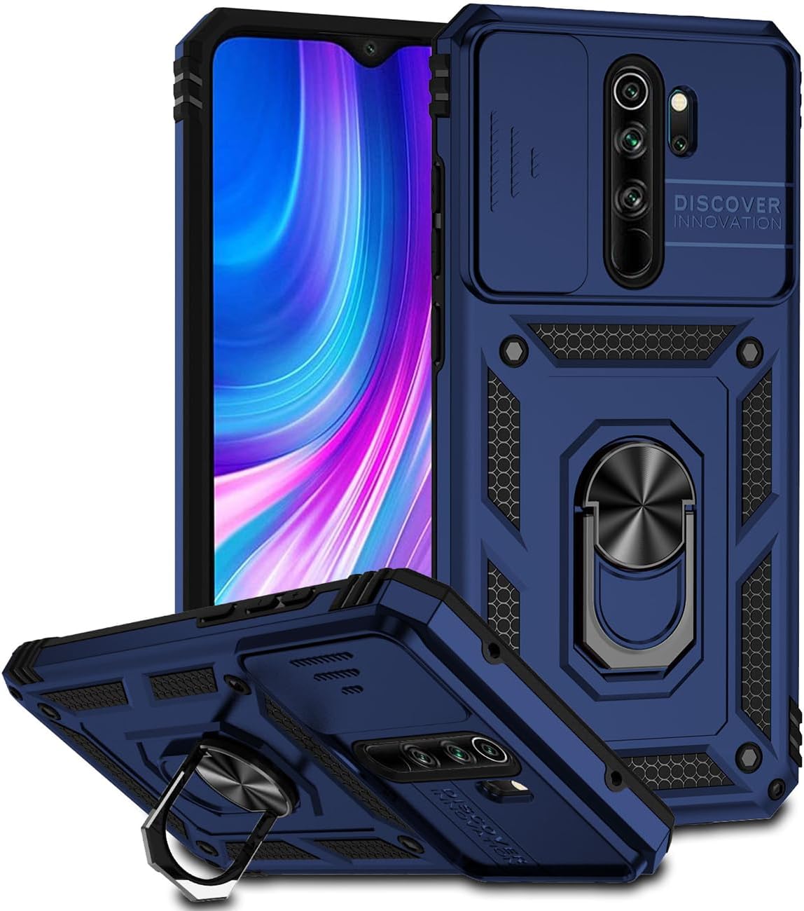 Case for Redmi Note 8 Pro Case, M1906G7I Case with Slide Camera Cover, Built-in 360° Rotate Ring Kickstand Magnetic Shockproof Phone Cover for Xiaomi Redmi Note 8 Pro Blue