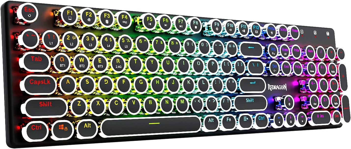 Redragon K710 Wireless Typewriter Style Mechanical Gaming Keyboard, Bluetooth/2.4Ghz/Wired, RGB Backlit, Rechargeable, Blue Switch – Clicky, Metal Panel, Round Keycaps, Black