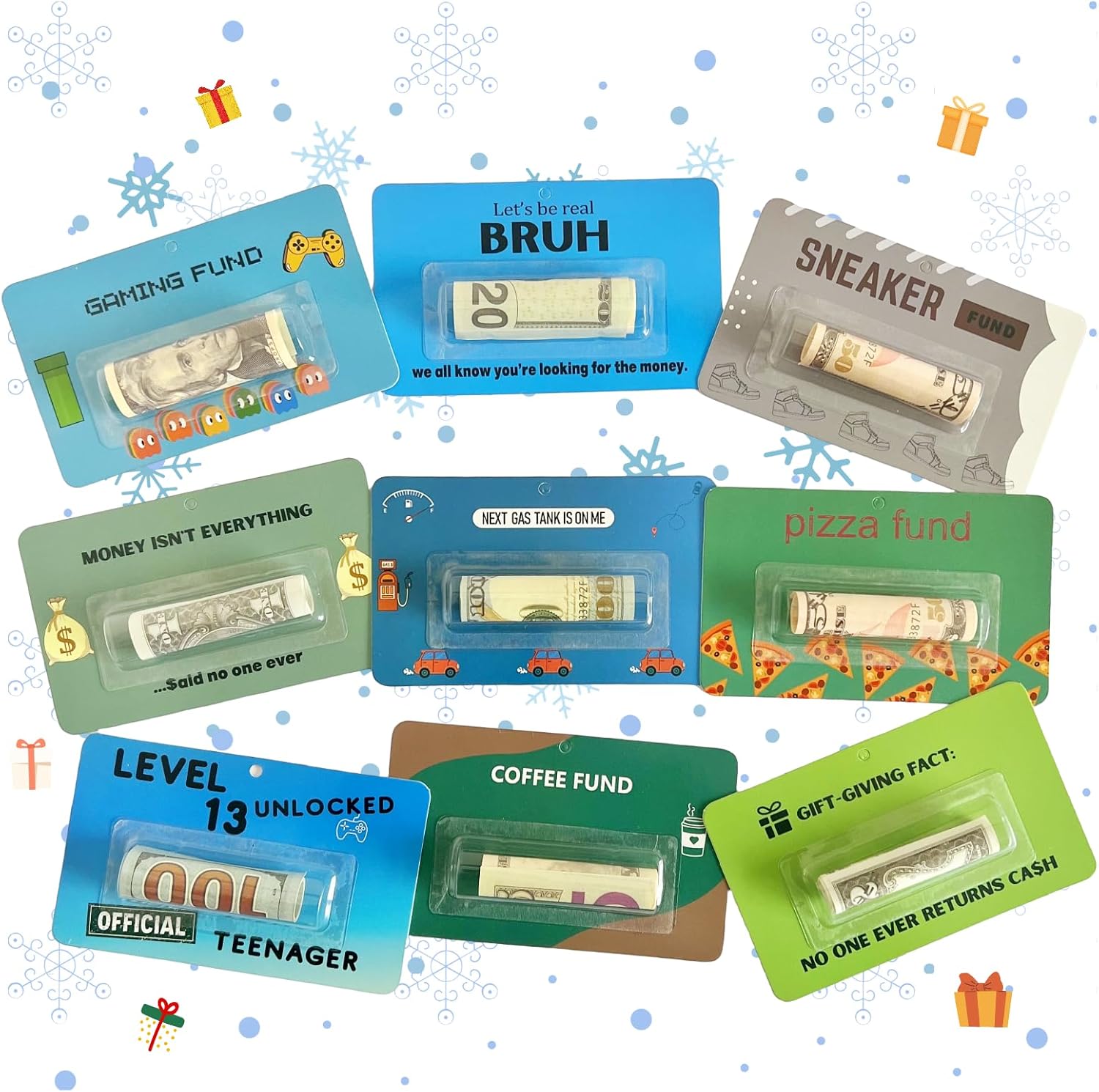 9 PCS Gift Card/Money Holders for Gifting Cash, Checks, Variety Fund Designs of Money Gift Card with Plastic Cover and Adhesive for Christmas Decoration