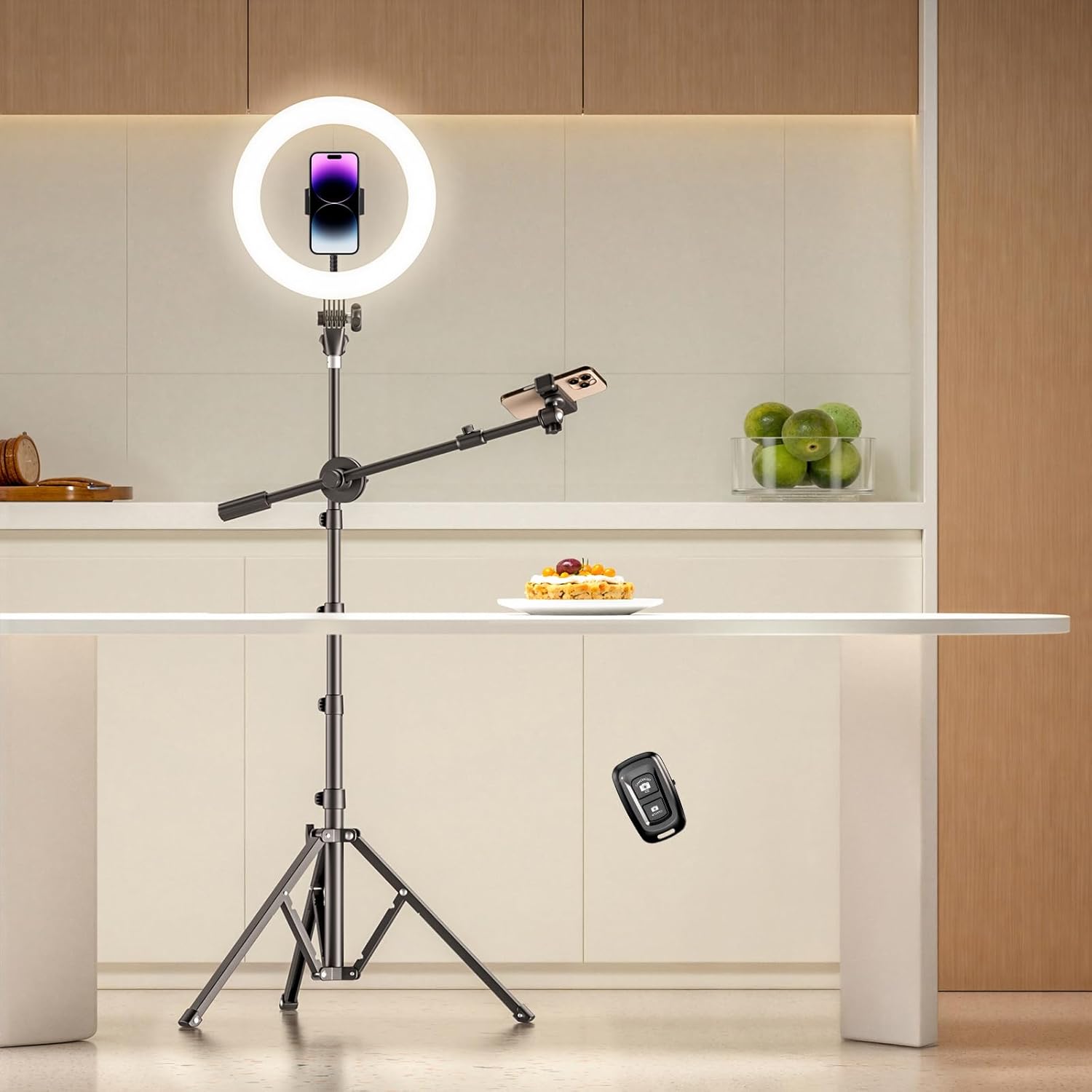 LUXSURE Ring Light with Stand for Phone, Ring Light Tripod for iPhone with Light, Overhead Camera Mount 10.5″ with Remote, Phone Tripod with Light for Video Recording/Live Streaming/Cooking
