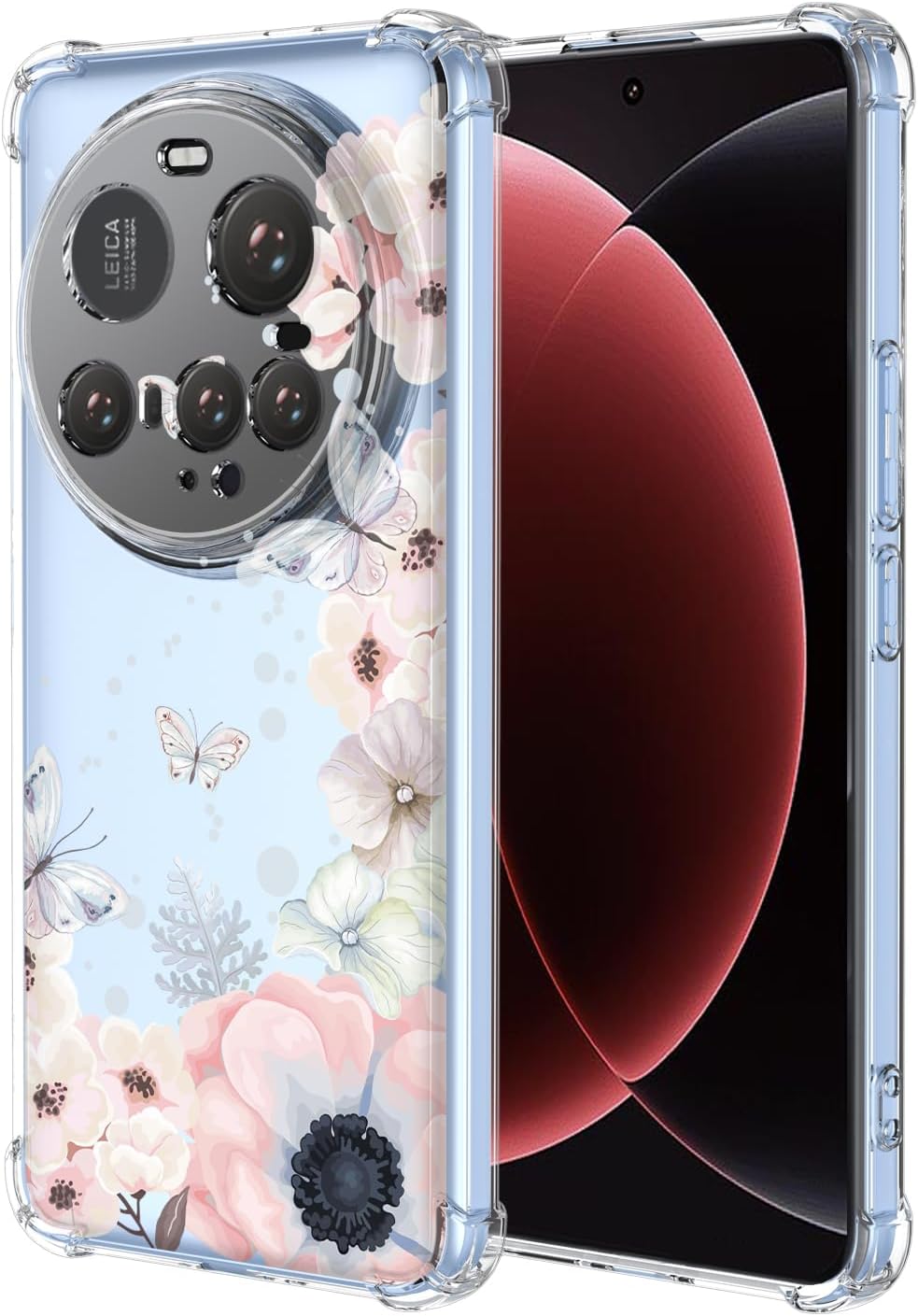 for Xiaomi 15 Ultra Case with Clear Floral Pattern,Shockproof Soft Case,Pink Flowers Butterflies,Xiaomi 15 Ultra