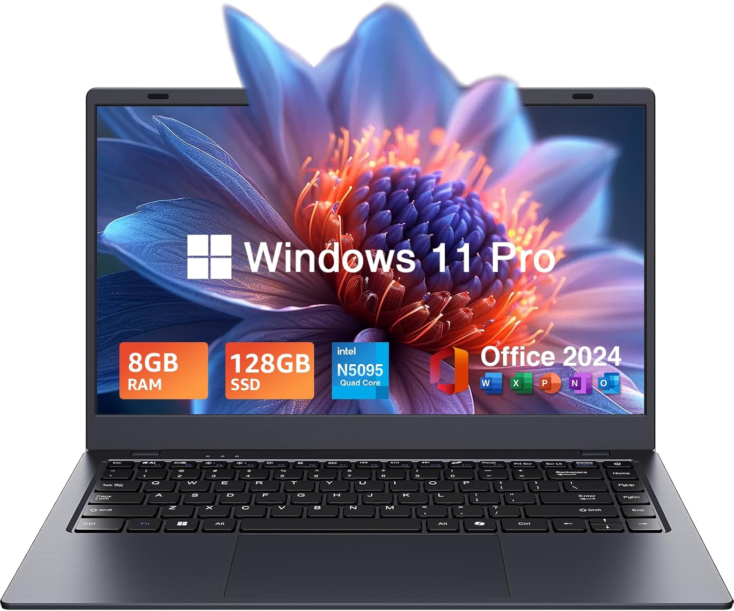 14″ Laptop Windows 11 Pro – Intel N5095 Quad-Core, 8GB RAM 128GB SSD, WiFi 5/Bluetooth 5.0, Webcam Privacy Cover, Preloaded Office 2024 – Ultra-Portable