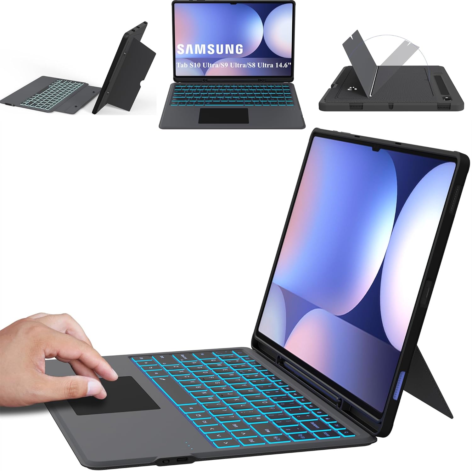 for Samsung Galaxy Tab S9 Ultra/S8 Ultra/S10 Ultra 14.6″ Keyboard Case : 7 Color Backlit Detachable Keyboard Cover with Smart Touchpad – Auto Wake/Sleep Tablet Case with S-Pen Holder,Black