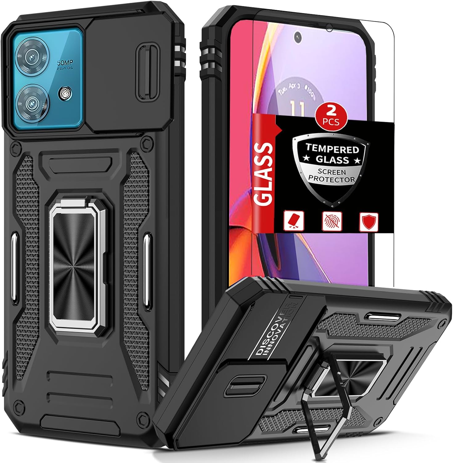 for Motorola Moto G84 Case with 2 Screen Protectors,Built-in Slide Camera Cover+360° Kickstand Ring for G84 Phone Case Shockproof Anti-Scratch Military-Grade Drop Heavy Duty Protection Black