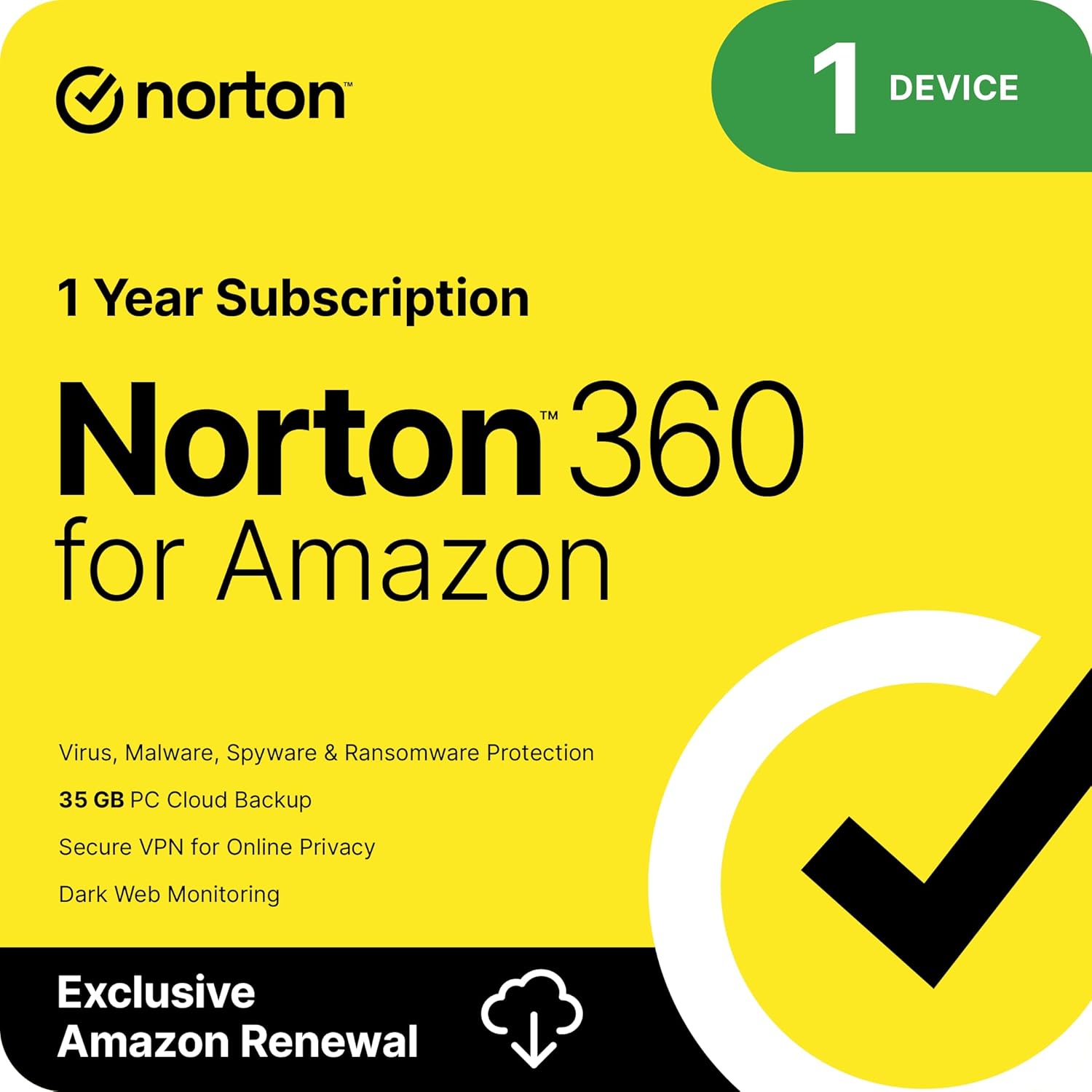 Norton 360 for Amazon, Antivirus software for 1 Device, Includes VPN, Dark Web Monitoring, and PC Cloud Backup, Activation Required [Subscription]