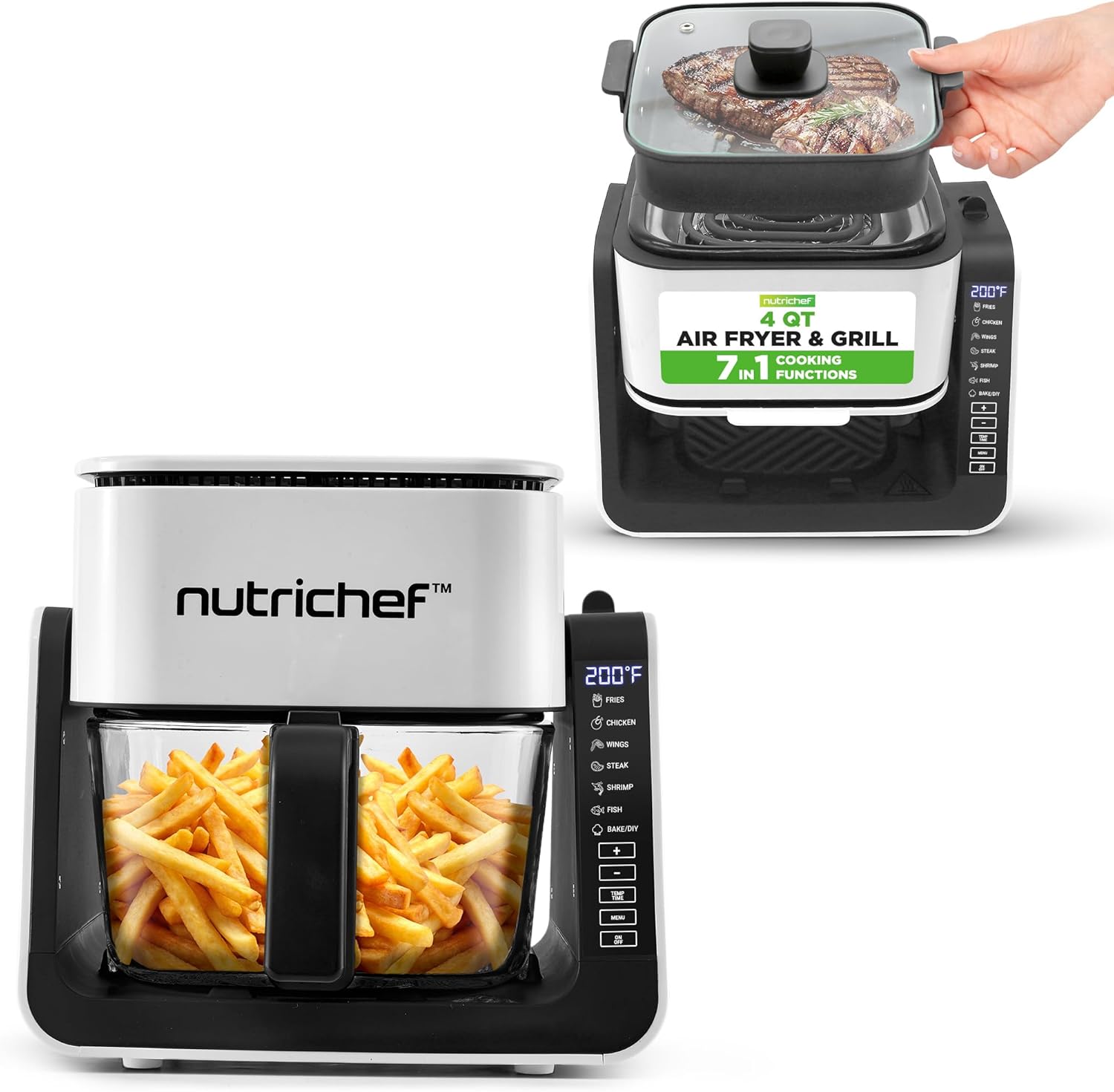 NutriChef 4 QT Air Fryer & Grill | 8-1 Preset Cook Modes | Transparent Fry Bowl for Best Cooking Results | Cook Shrimp, Steak, Fries, Wings & More | 4 QT Glass Air Fryer & 1.2 QT Grill | White