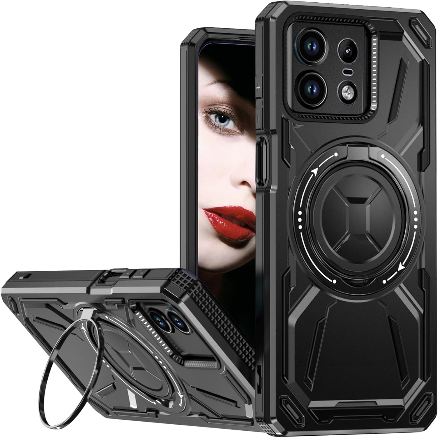 for Motorola Edge 50 Pro Armor Case with 360° Ring Kickstand, Dual Layer Military Grade Heavy Duty Shockproof Protection Rugged Phone Case Cover for Motorola Edge 50 Pro. SHJ-Black