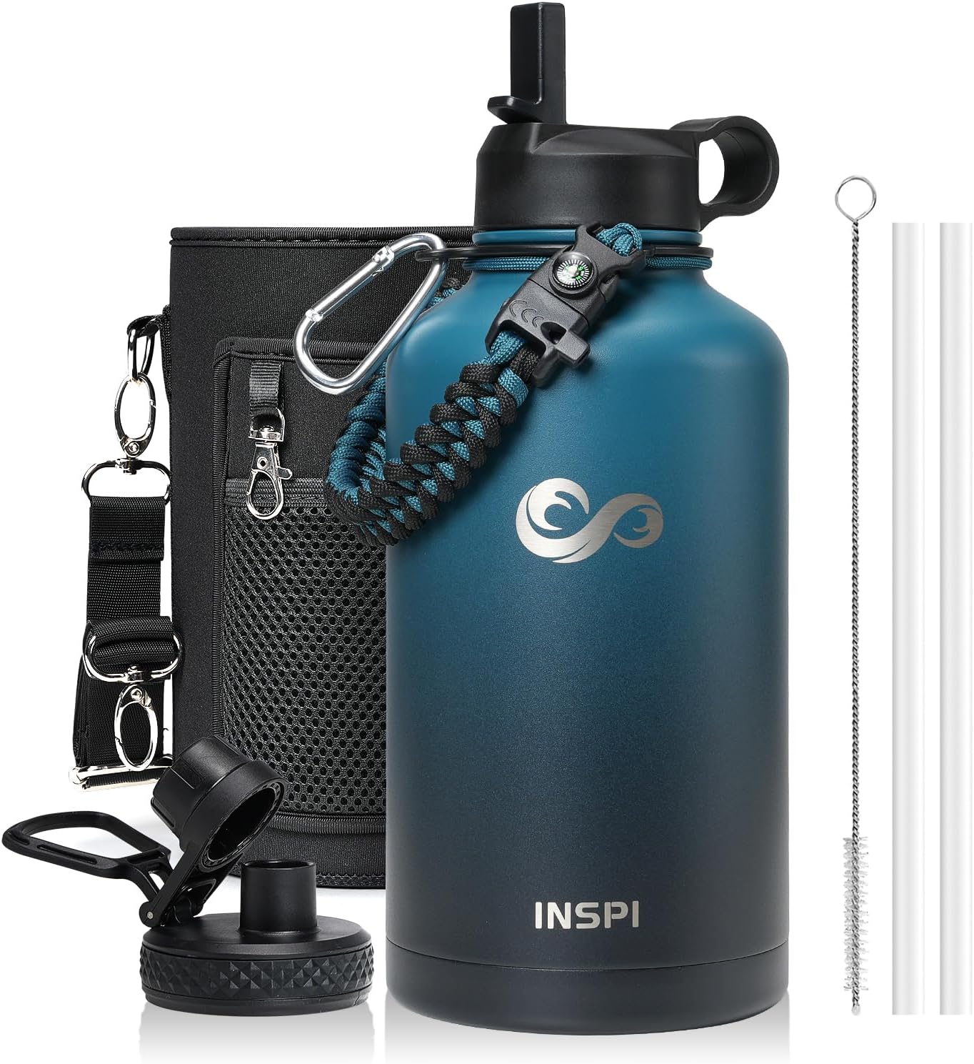 INSPI Insulated Water Bottle with Paracord Handle 64oz,Indigo Black