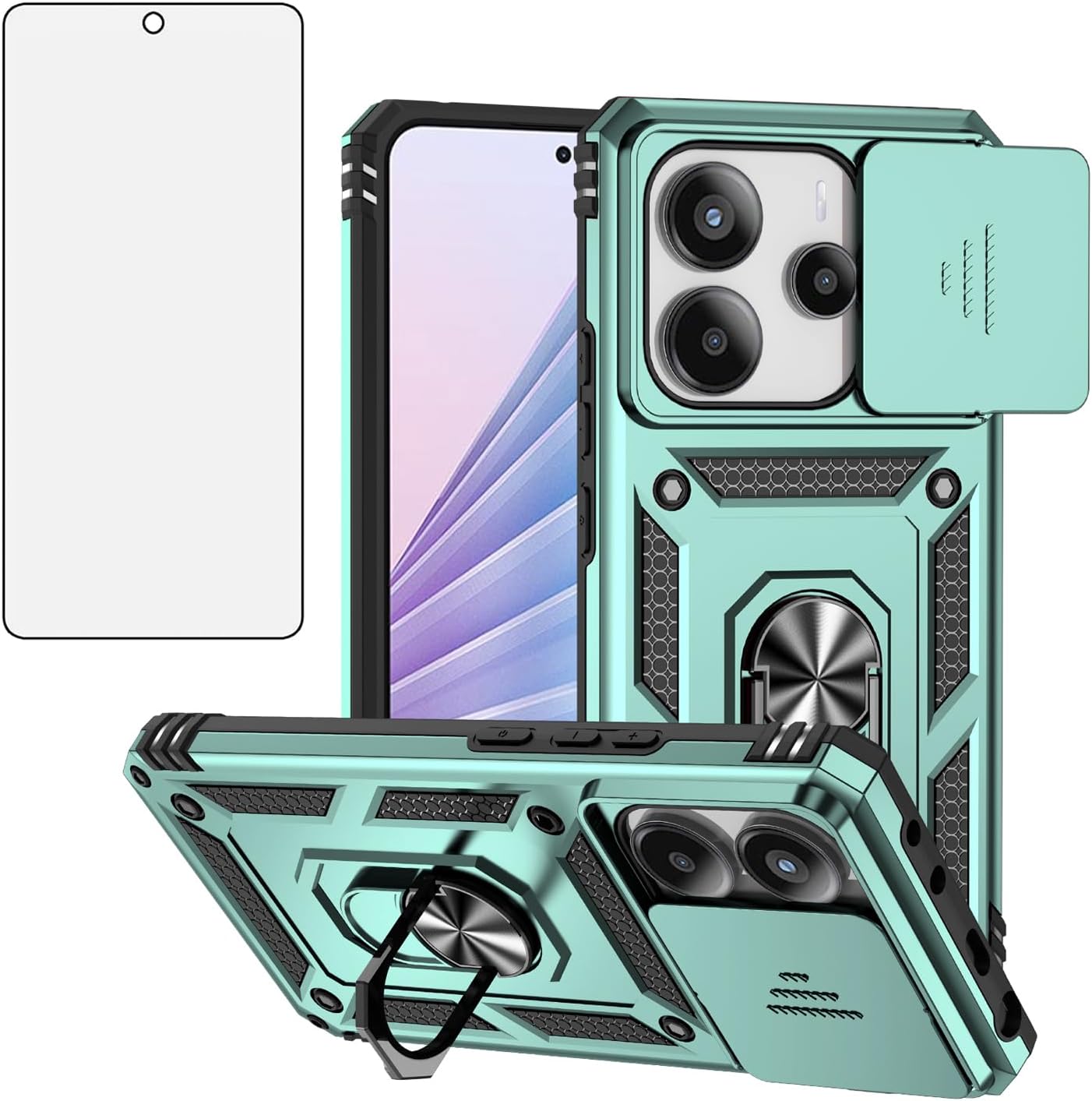Asuwish Phone Case Compatible with Xiaomi Redmi Note 14 4G Slide Camera Cover Tempered Glass Screen Protector Ring Holder Stand Rugged Slim Cell Protective Note14 Women Men Military Grade Hybrid Green
