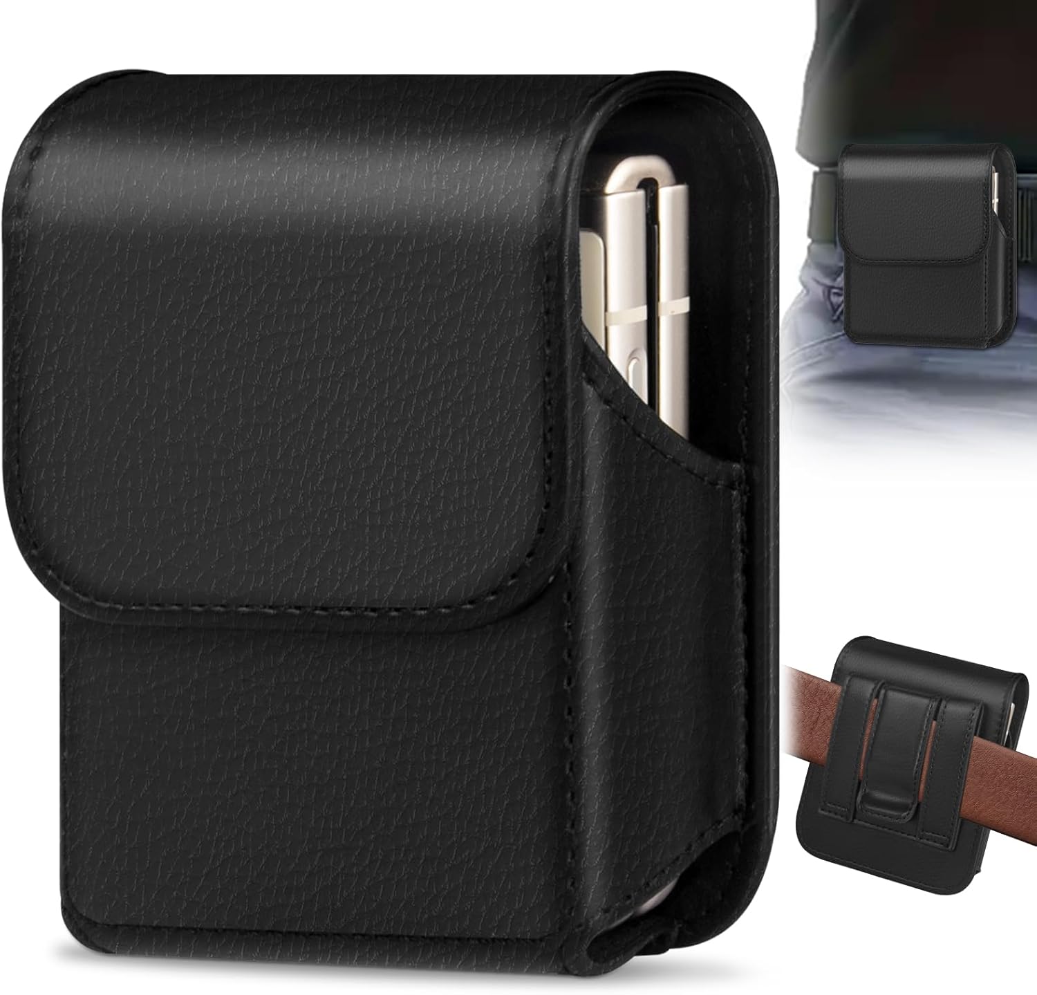 Phone Holster for Samsung Galaxy Z Flip6 Flip5 Flip4 Flip3, Flip Phone Specific Protective Leather Holster for Motorola Razr 2025/2024 Case, Cellphone Belt Clip Holster Carrying Pouch(Black)