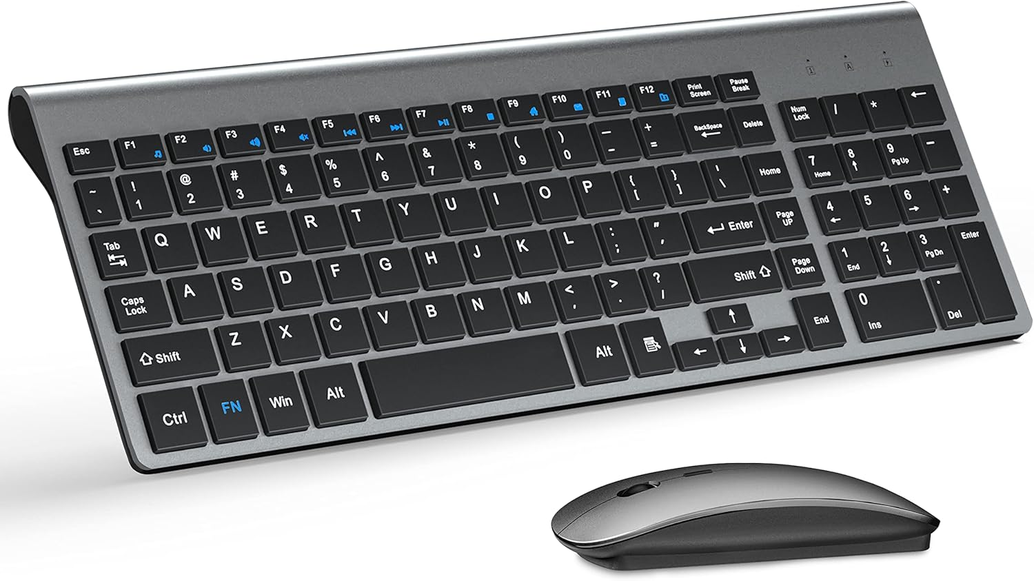 Wireless Keyboard and Mouse Ultra Slim Combo, TopMate 2.4G Silent Compact USB 2400DPI Mouse and Scissor Switch Keyboard Set with Cover, 2 AA and 2 AAA Batteries, for PC/Laptop/Windows/Mac – Gray Black