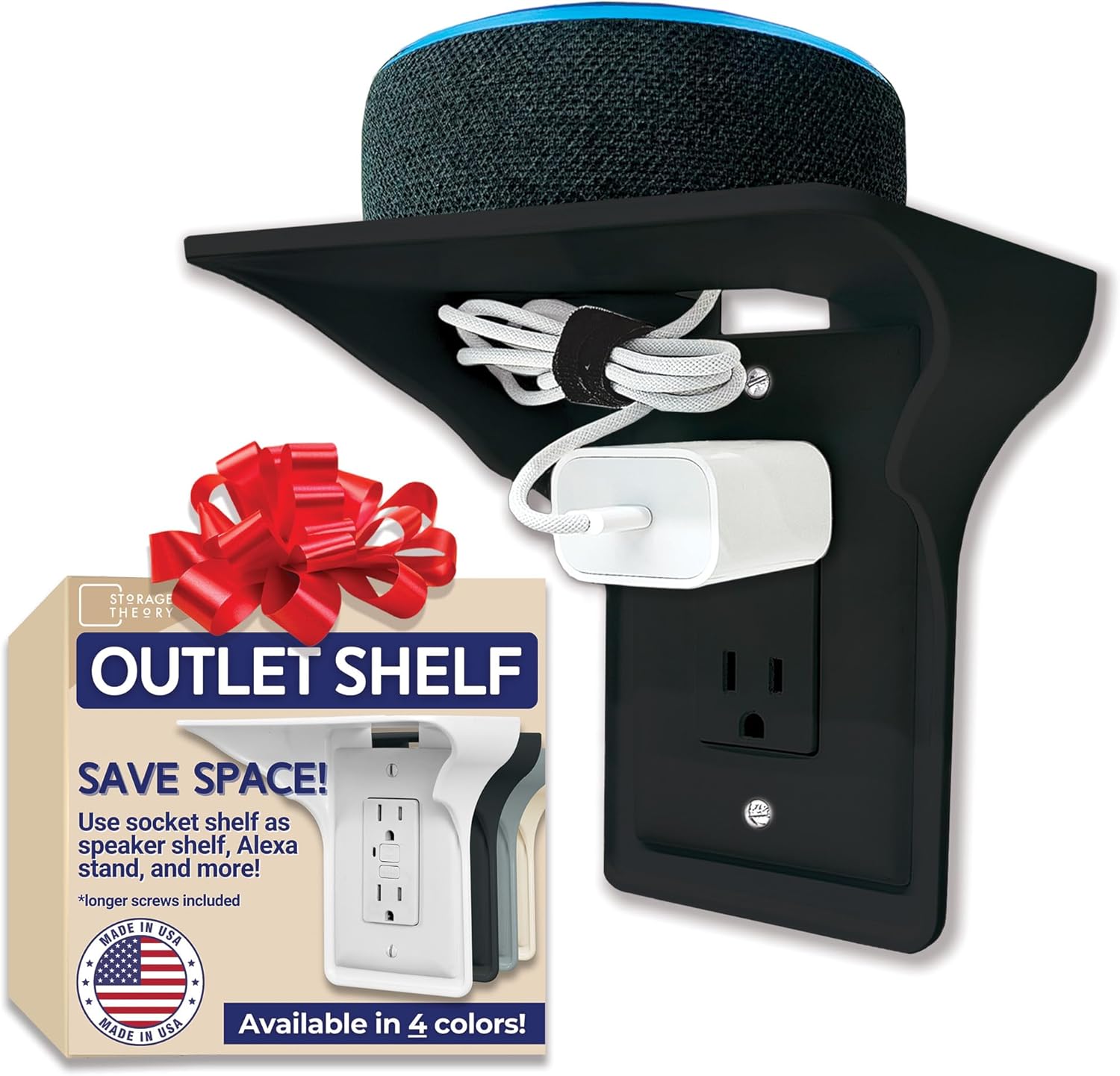 BeraTek Industries Power Perch Outlet Shelf with Cord Storage Strap – Small Wall Shelf for Alexa Stand, Echo Dot Holder, Electric Toothbrush – Bedroom & Bathroom Organizer (Black, 1-Pack)