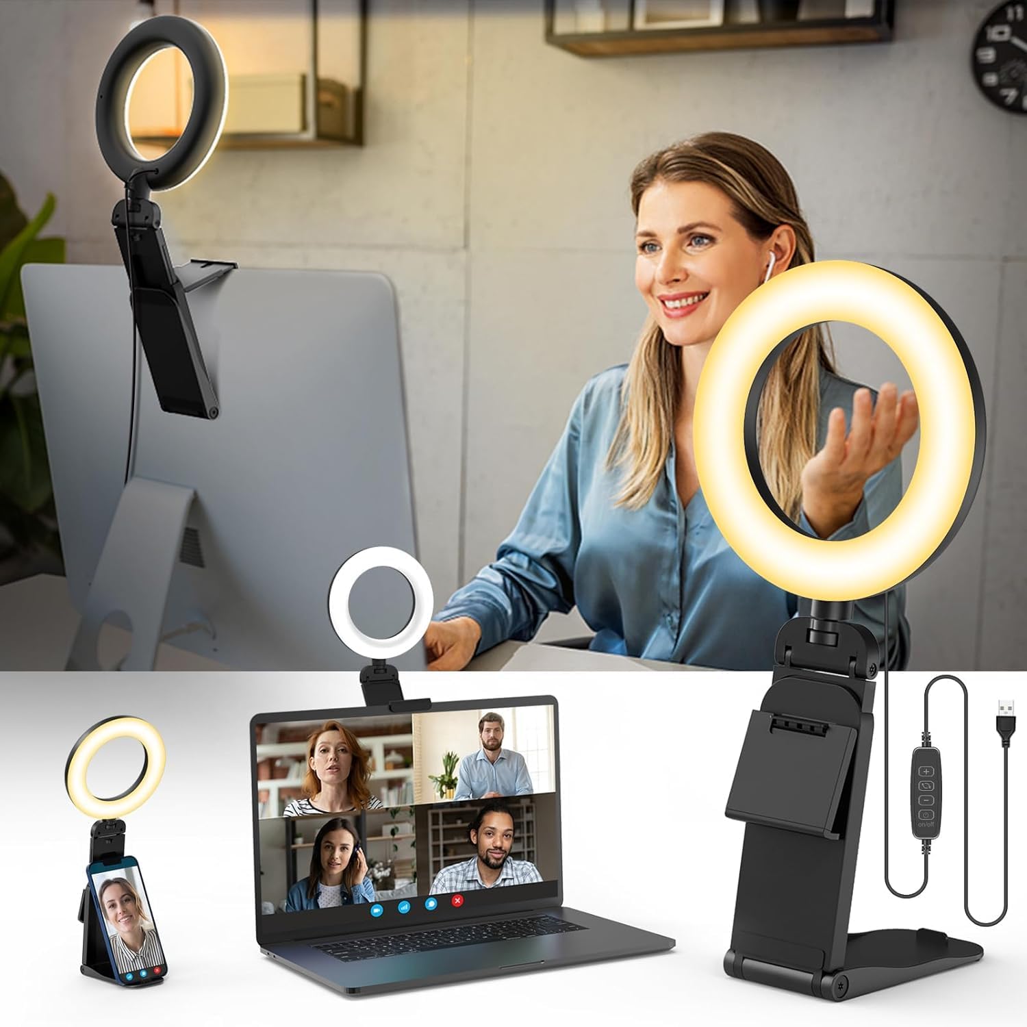 Evershop Ring Light for Laptop Desk Clip On,Small Computer Video Conference Lighting with Stand for Phone/Webcam/Monitor,5″ Portable Mini LED Selfie Light Desktop for Zoom Meeting/Video Call/Recording