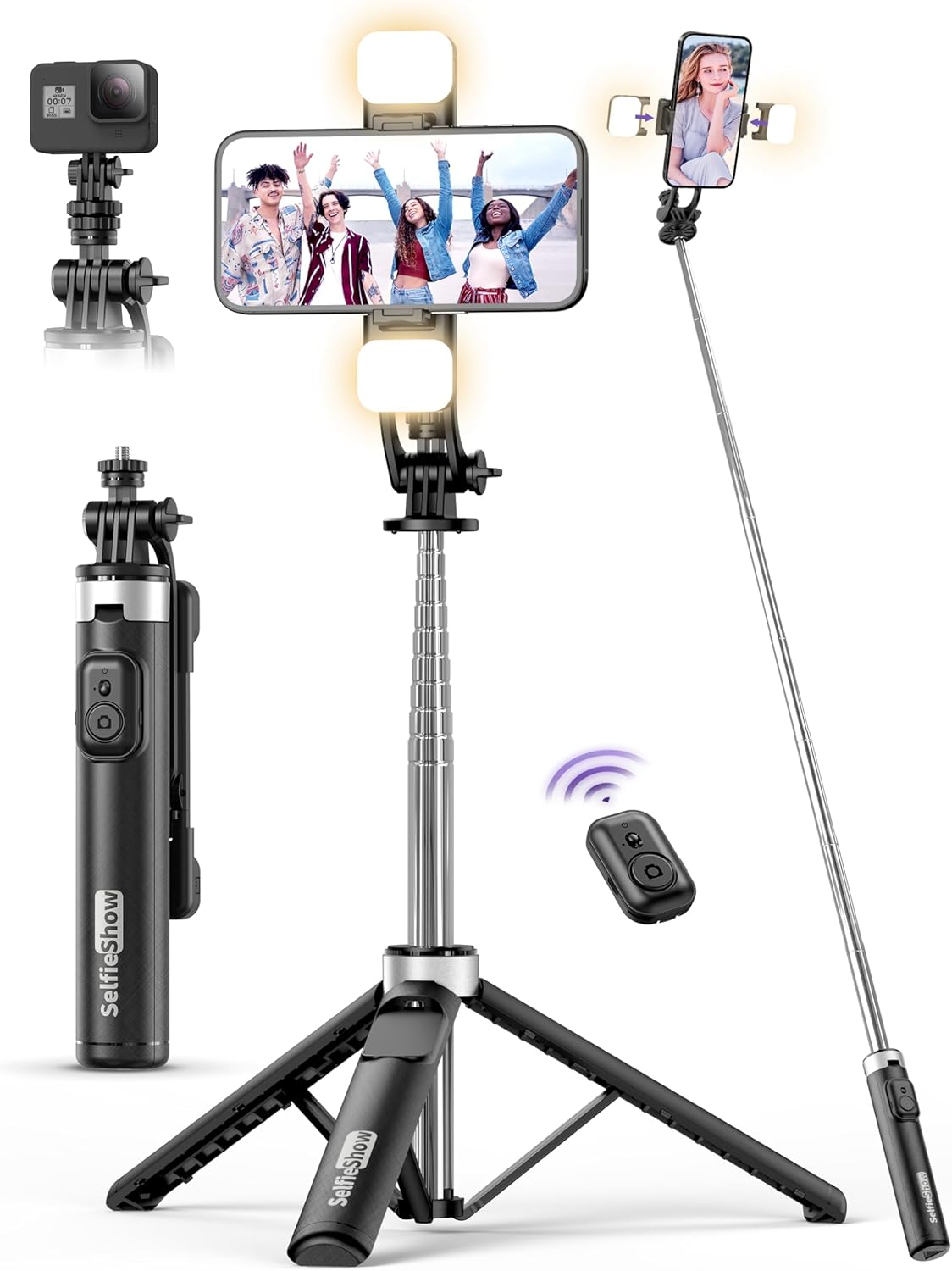 53” Selfie Stick Tripod with Light, Extendable Selfie Stick with Remote, Portable Cell Phone Tripod Stand with All in 1 Phone Clip, Lightweight Camera Tripod Compatible with iPhone 15 14 13, Android