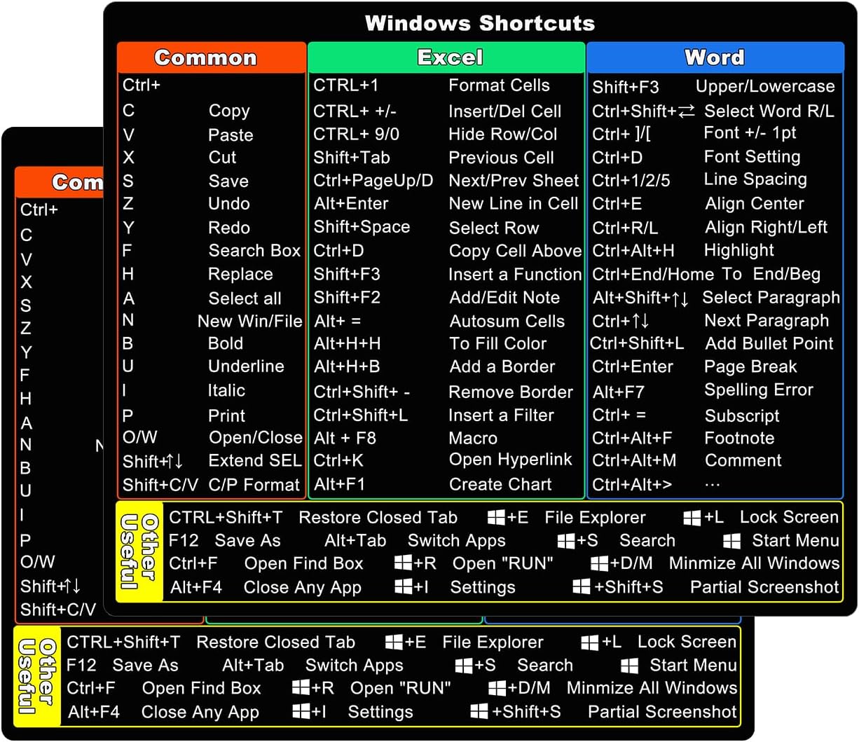 Windows Shortcut Sticker-2 Pack Microsoft Windows + Word/Excel Quick Reference Guide Keyboard Shortcut Stickers, Laptop Keyboard Shortcuts Stickers for Any PC Laptop or Desktop